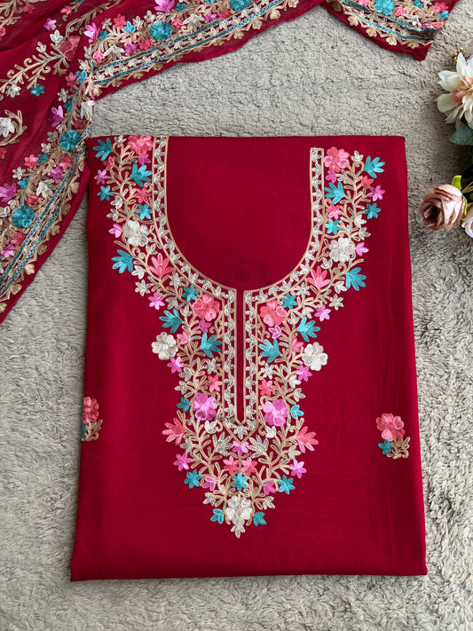 Crimson Red Kashmiri Embroidered Suit Set with Full Jaal Embroidered Dupatta
