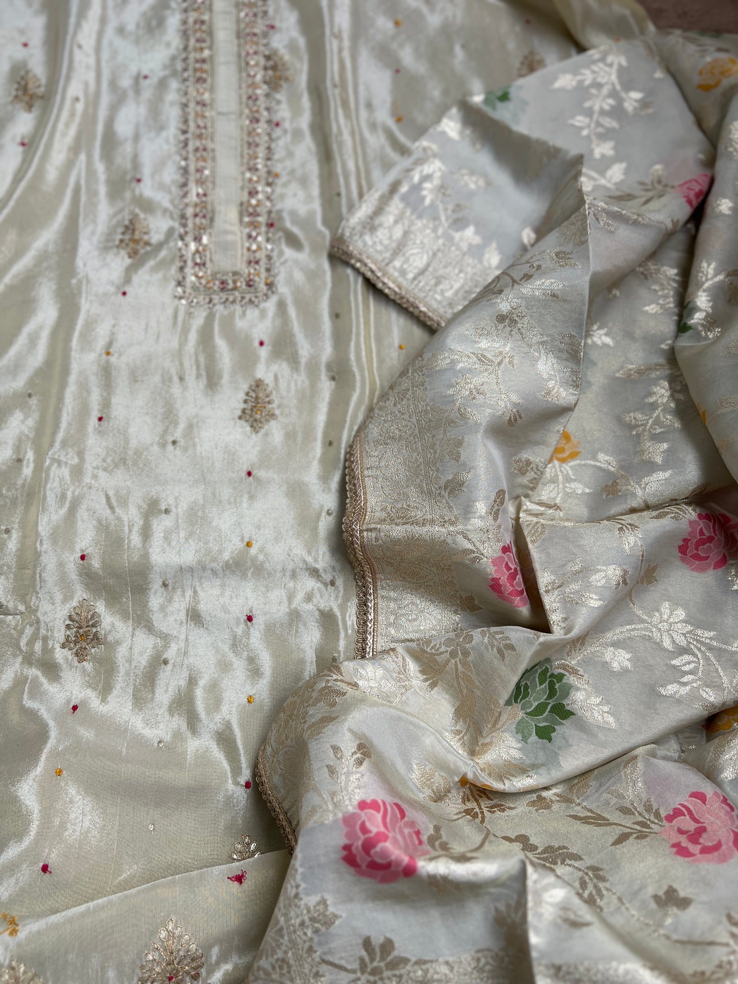 Graceful Shimmer Silk Suit with Handcrafted Elegance