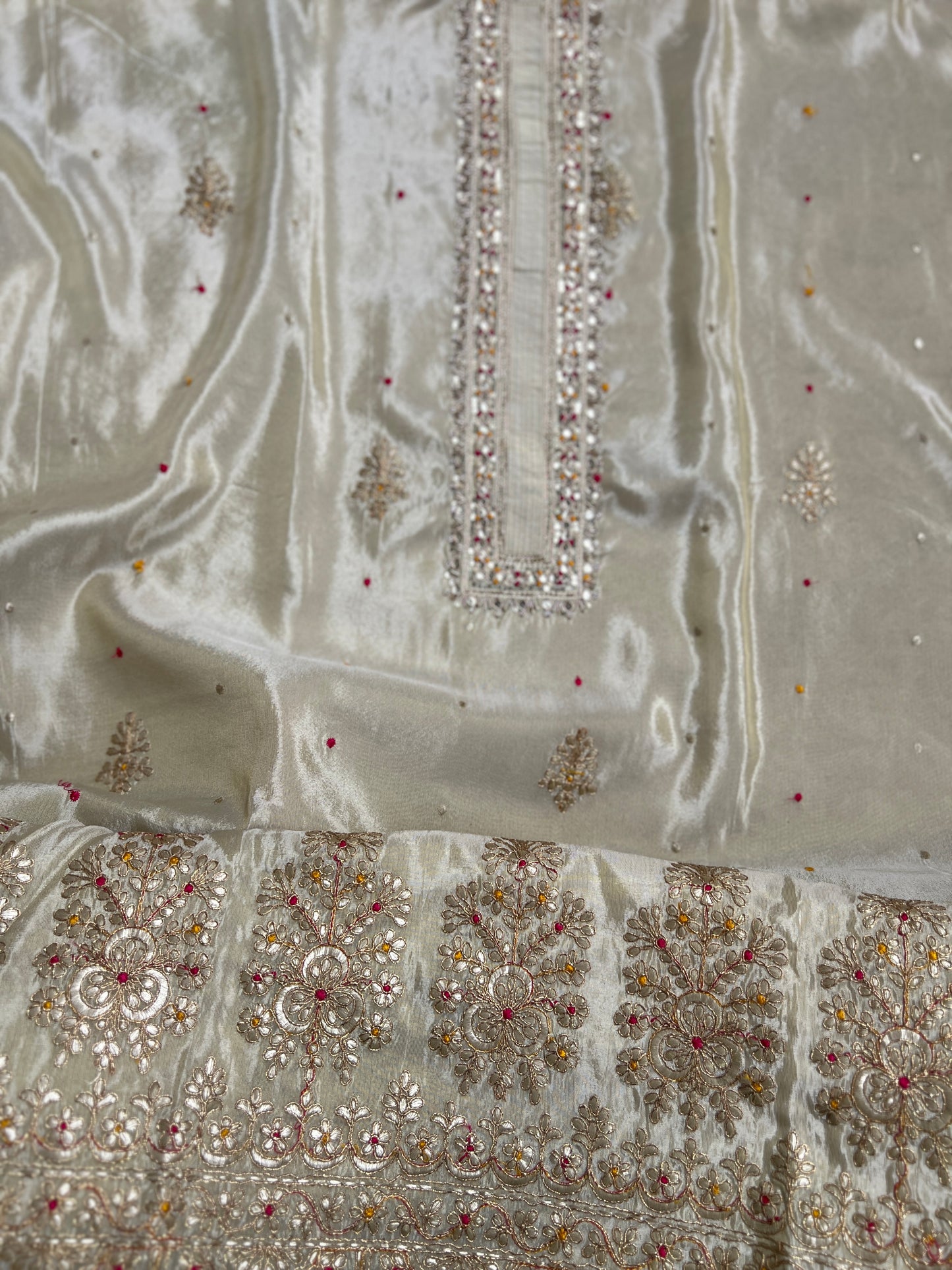 Graceful Shimmer Silk Suit with Handcrafted Elegance