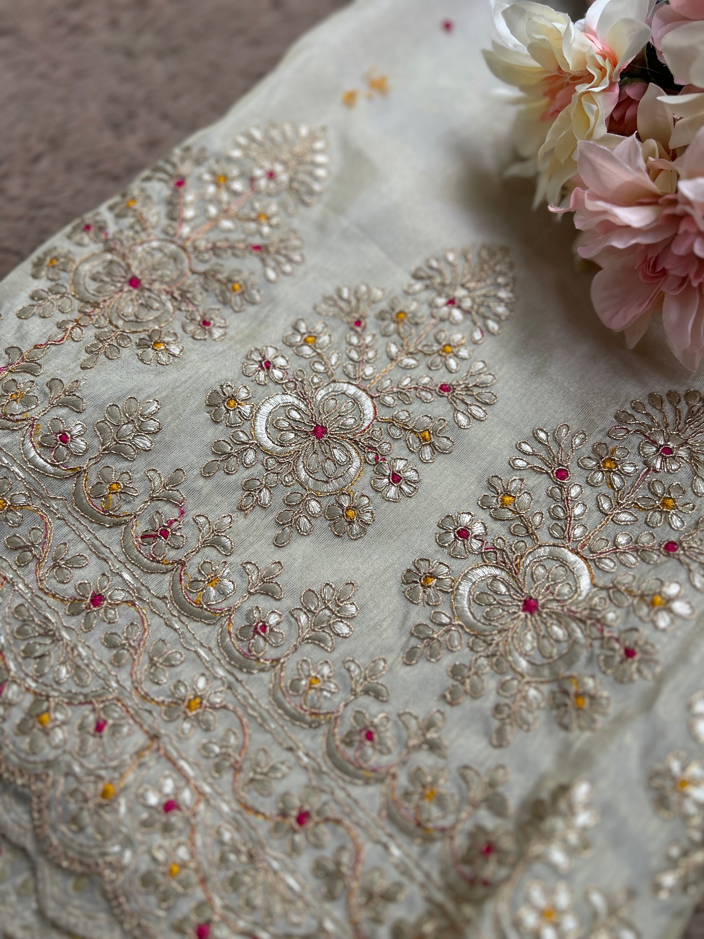 Graceful Shimmer Silk Suit with Handcrafted Elegance