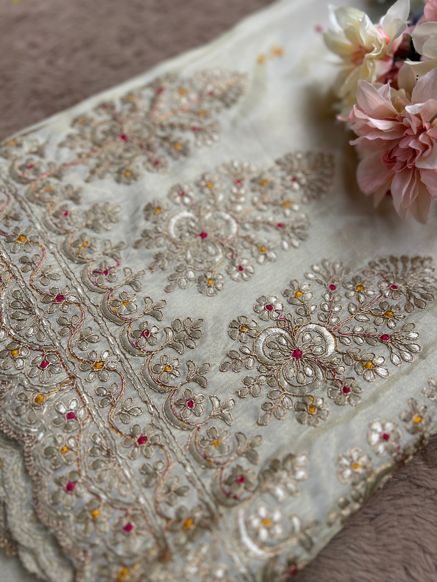 Graceful Shimmer Silk Suit with Handcrafted Elegance