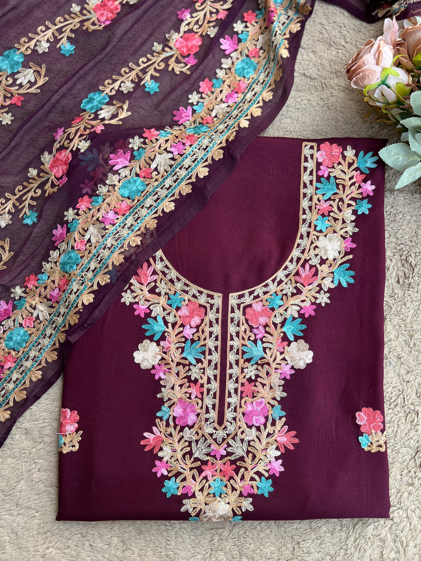 Wine Maroon Kashmiri Embroidered Suit Set with Chiffon Dupatta