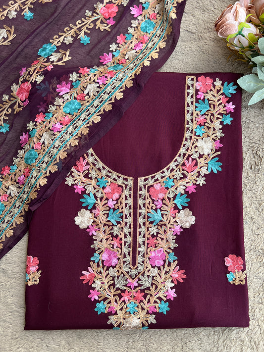 Wine Maroon Kashmiri Embroidered Suit Set with Chiffon Dupatta