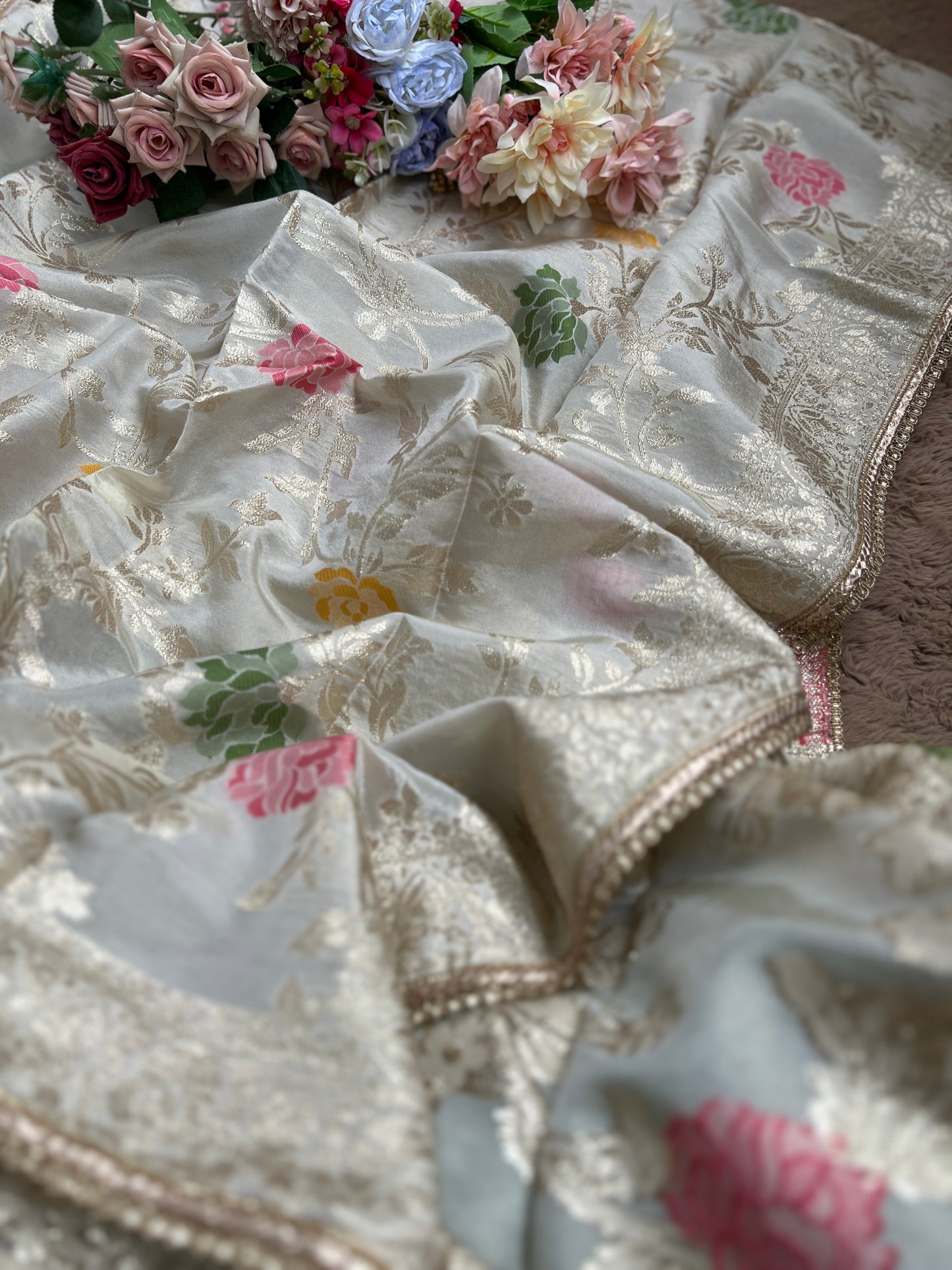 Graceful Shimmer Silk Suit with Handcrafted Elegance