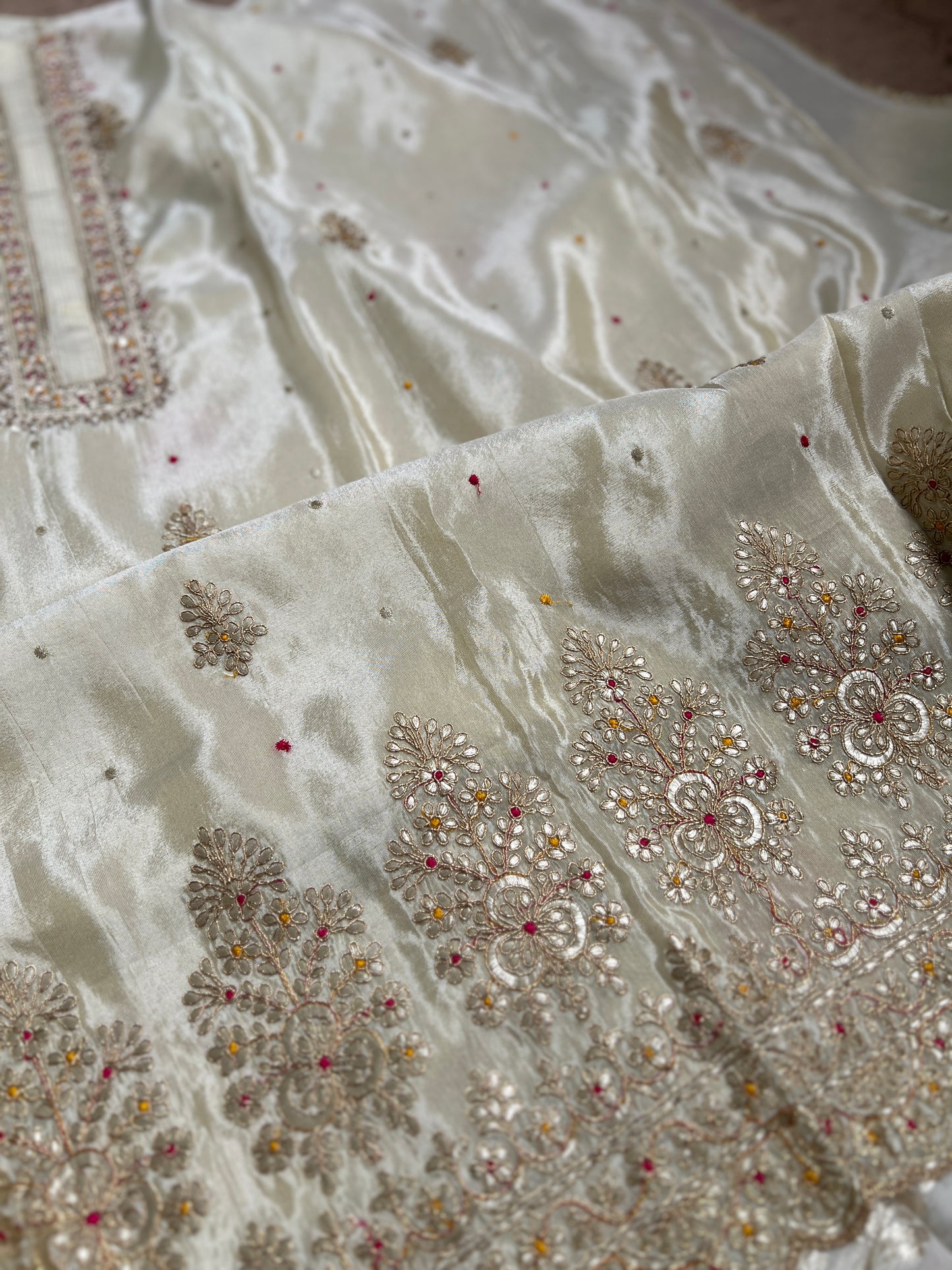 Graceful Shimmer Silk Suit with Handcrafted Elegance