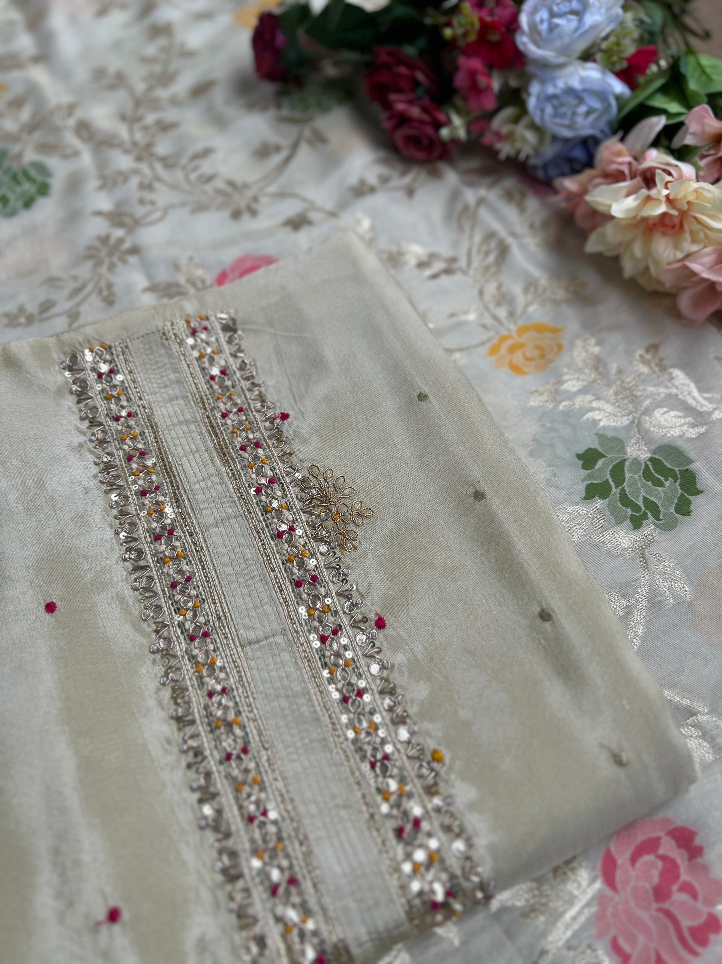 Graceful Shimmer Silk Suit with Handcrafted Elegance