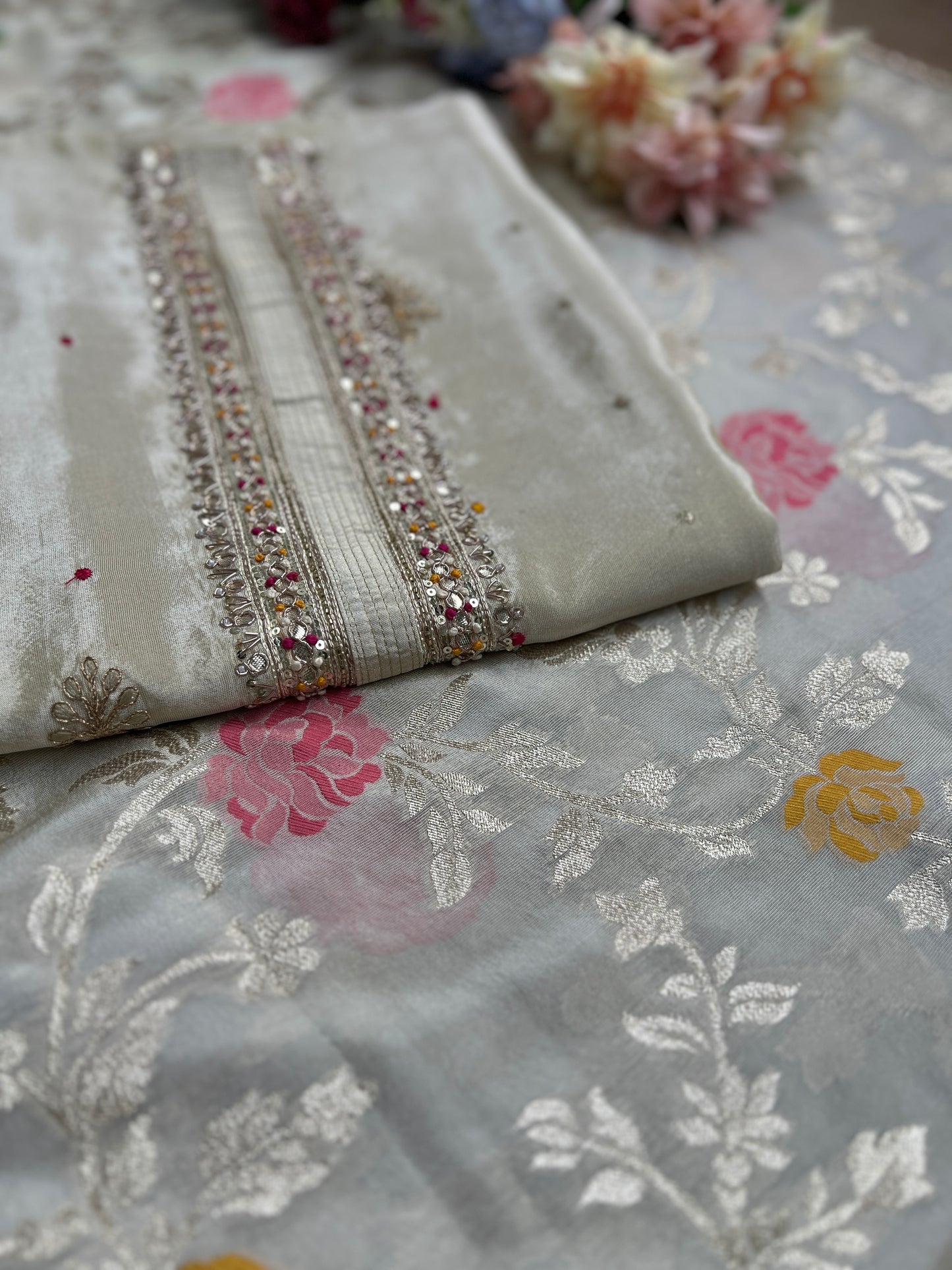 Graceful Shimmer Silk Suit with Handcrafted Elegance