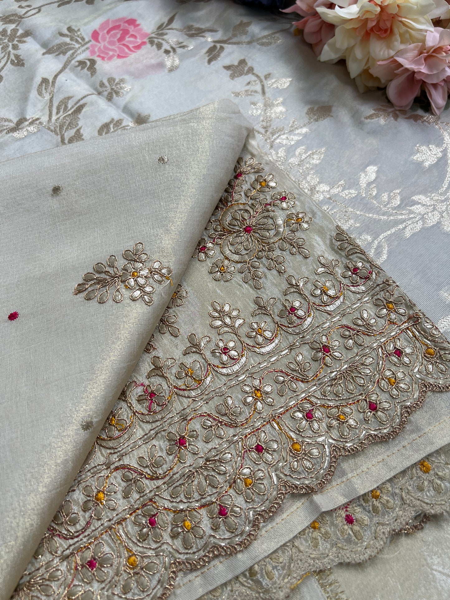 Graceful Shimmer Silk Suit with Handcrafted Elegance