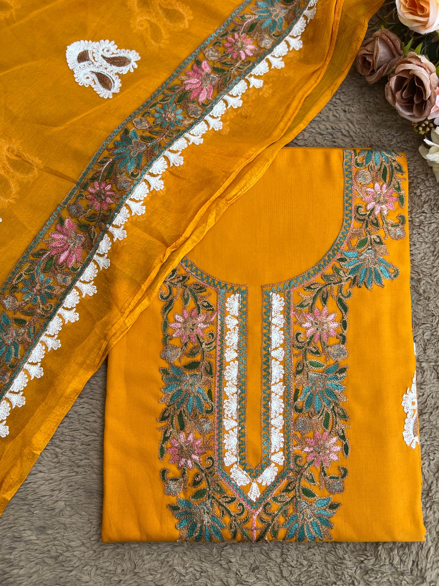 Radiant Mustard Kashmiri Floral Embroidered Suit Set