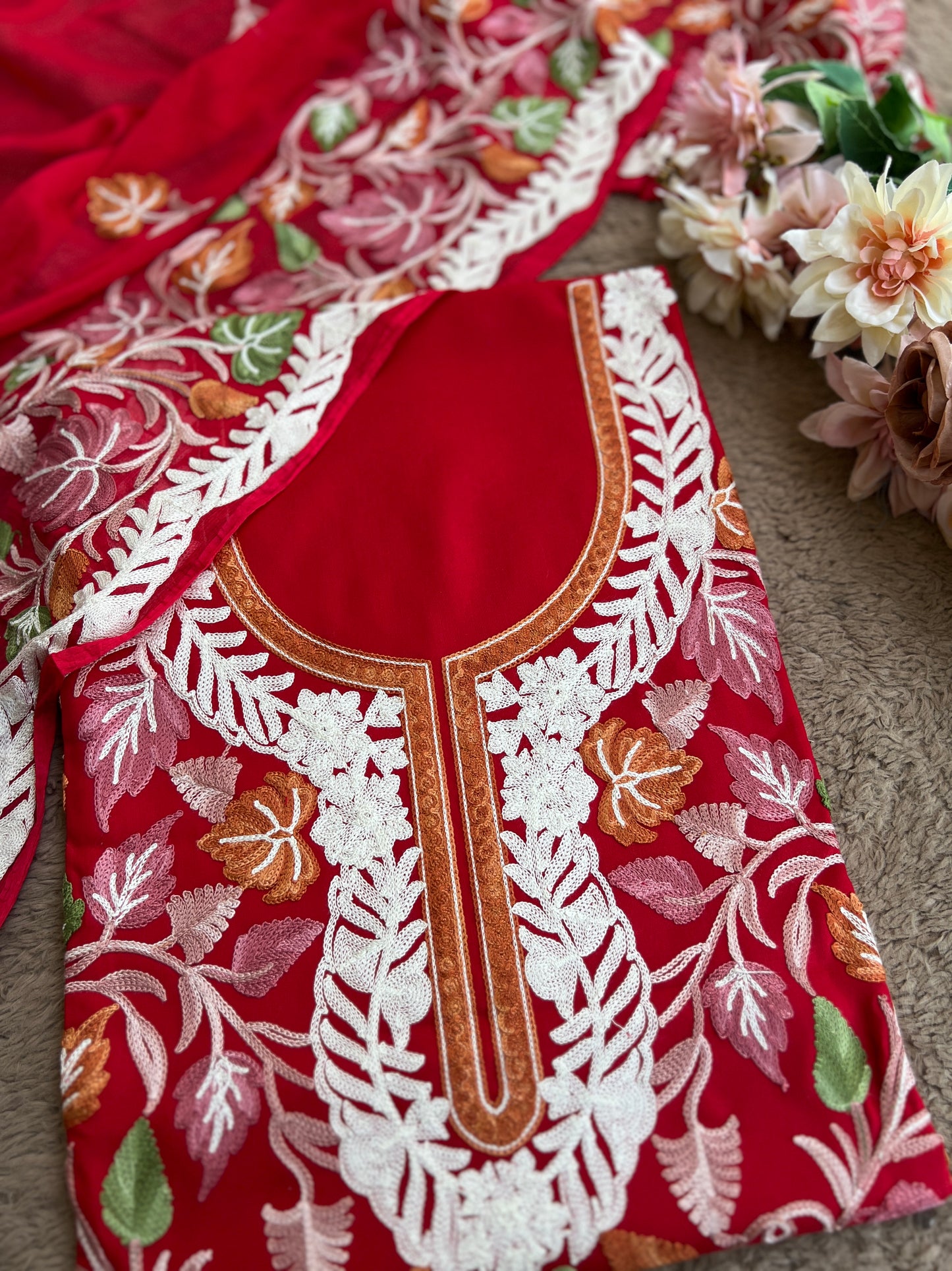 Crimson Elegance Kashmiri Embroidered Suit with Statement Dupatta