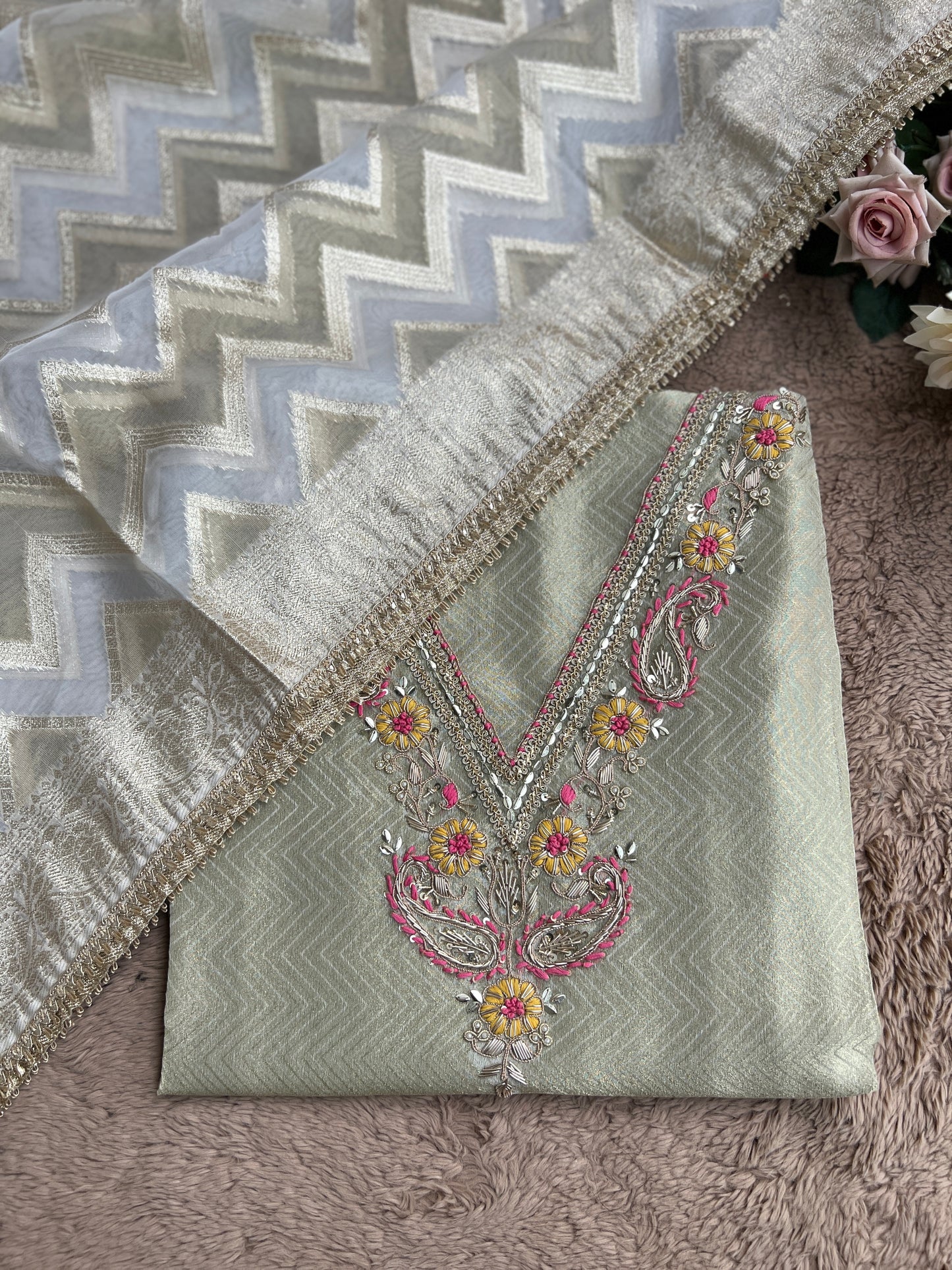 Olive Charm: Tissue Elegance with Banarasi Grace