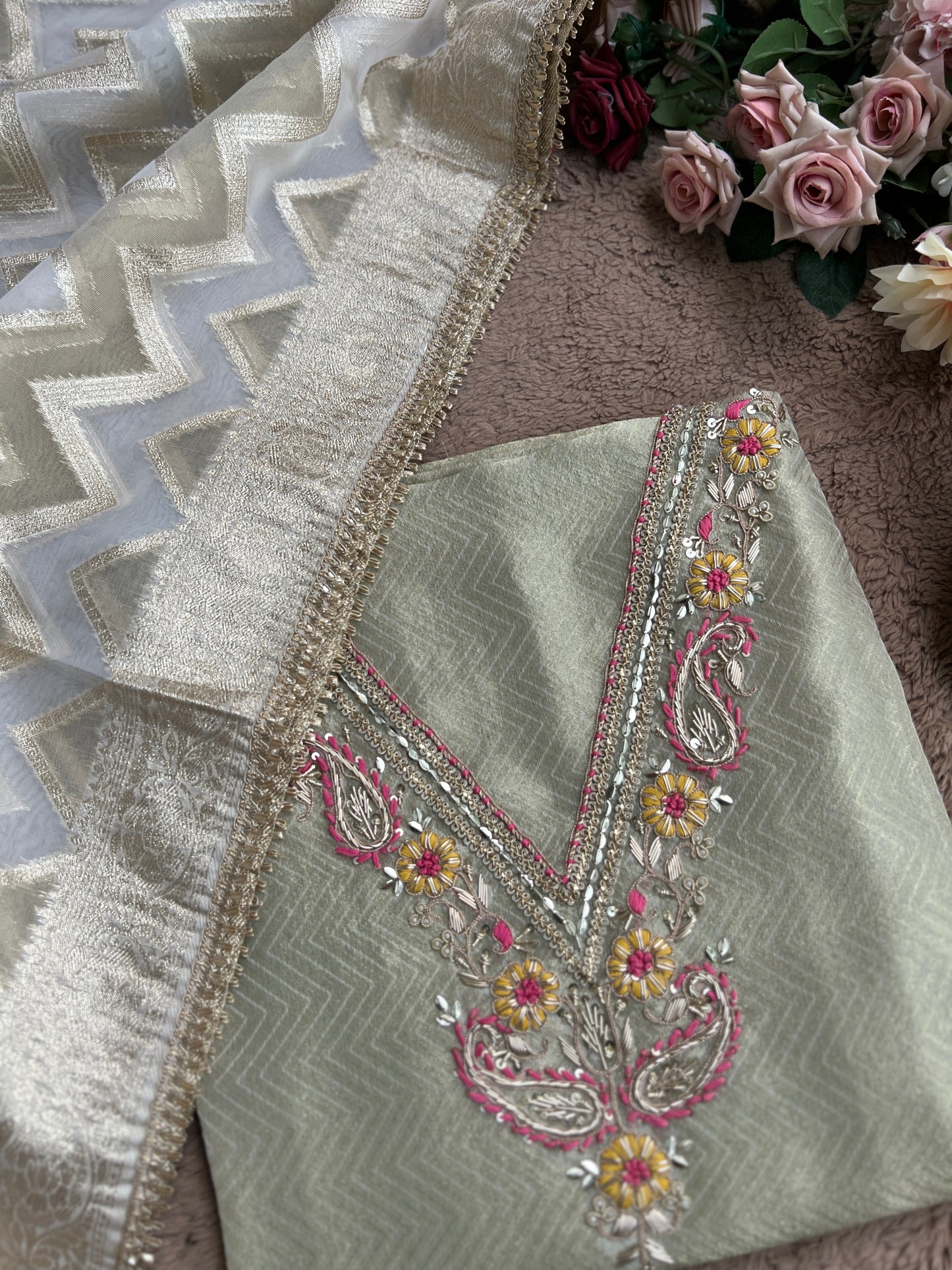 Olive Charm: Tissue Elegance with Banarasi Grace