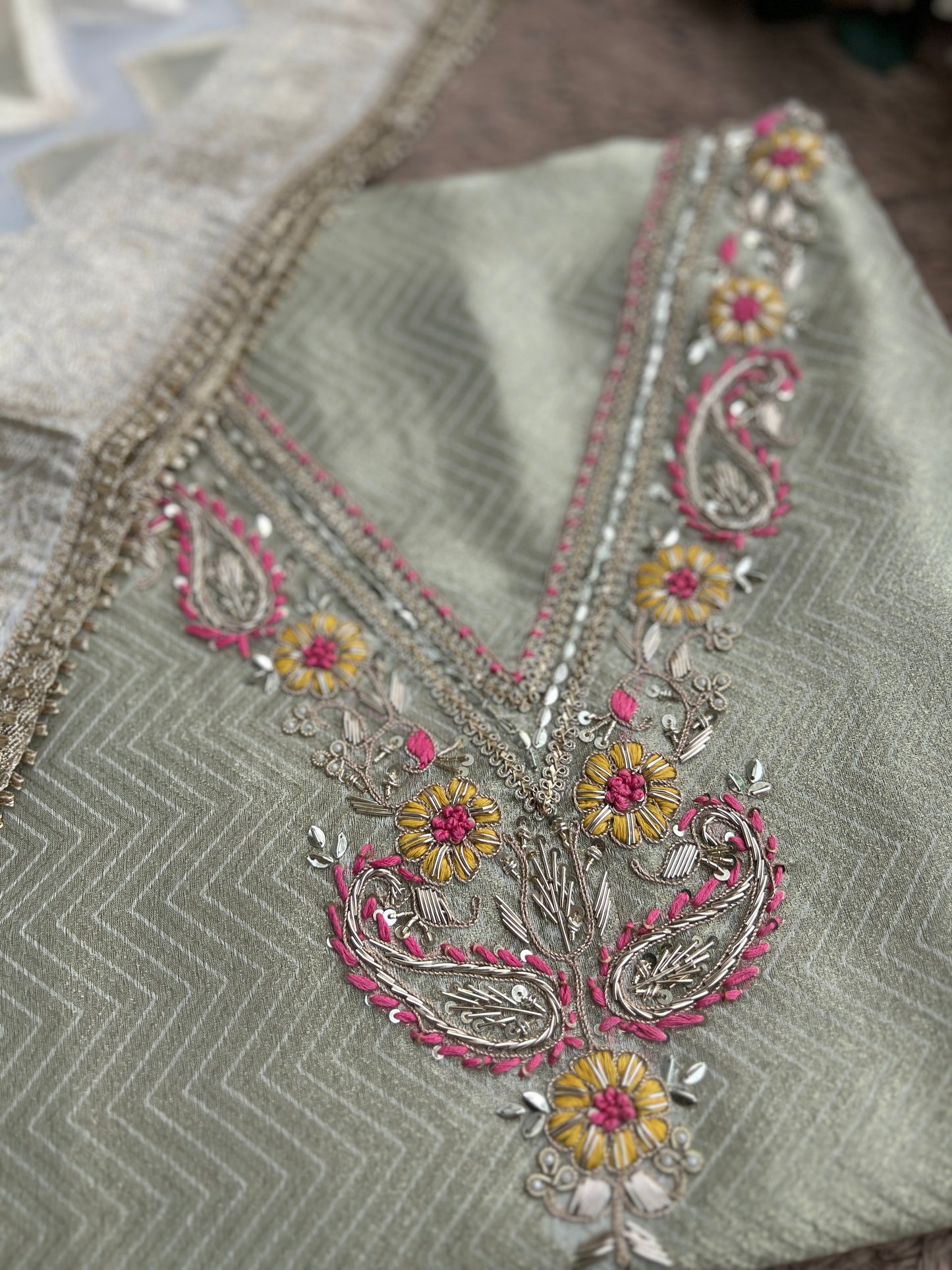 Olive Charm: Tissue Elegance with Banarasi Grace