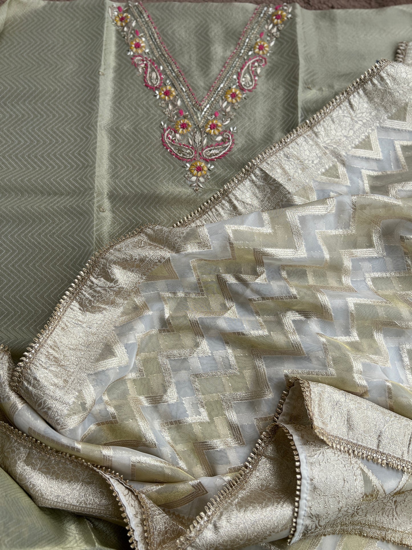 Olive Charm: Tissue Elegance with Banarasi Grace