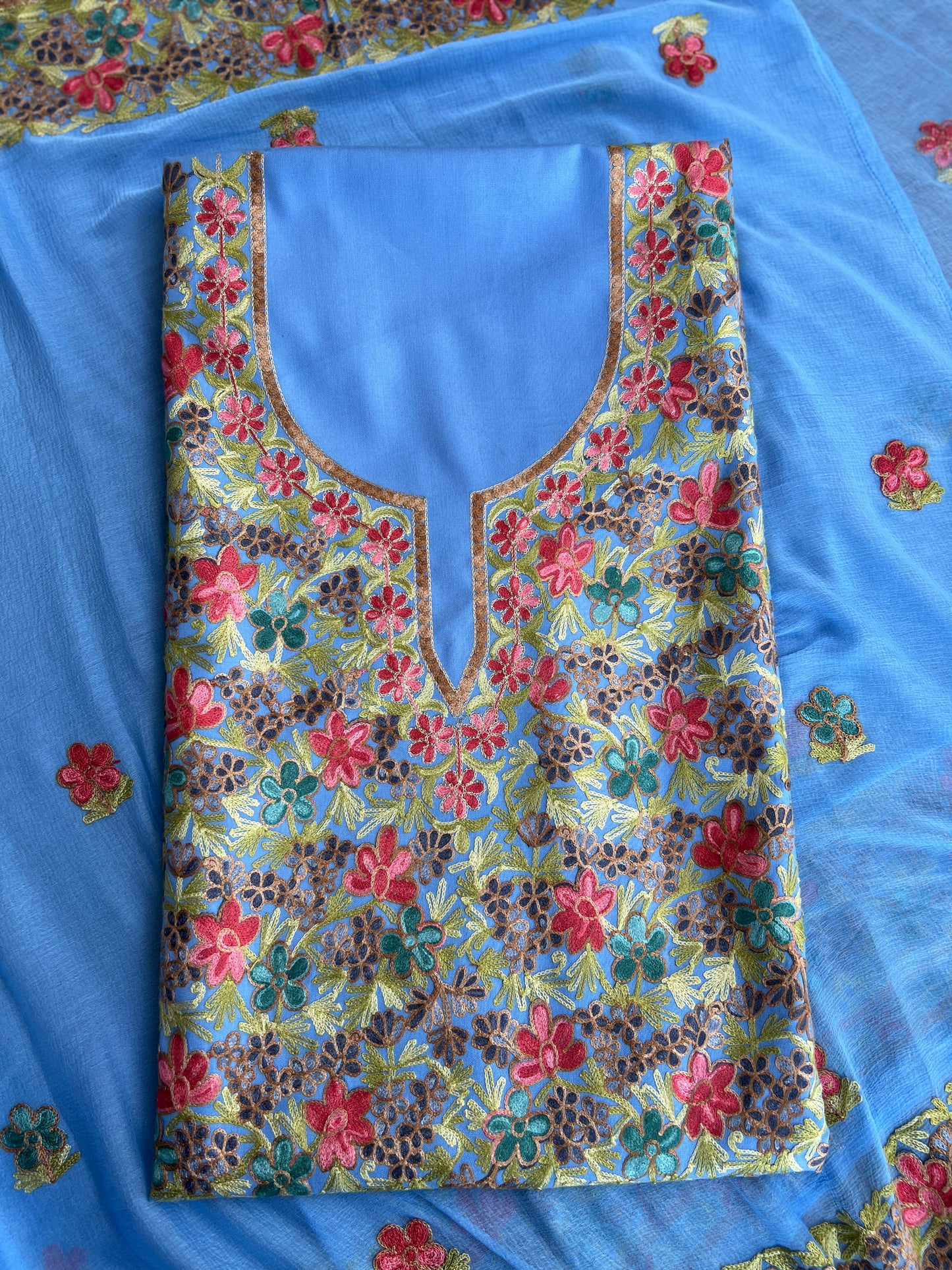 Powder Blue Floral Kashmiri Embroidered Suit Set