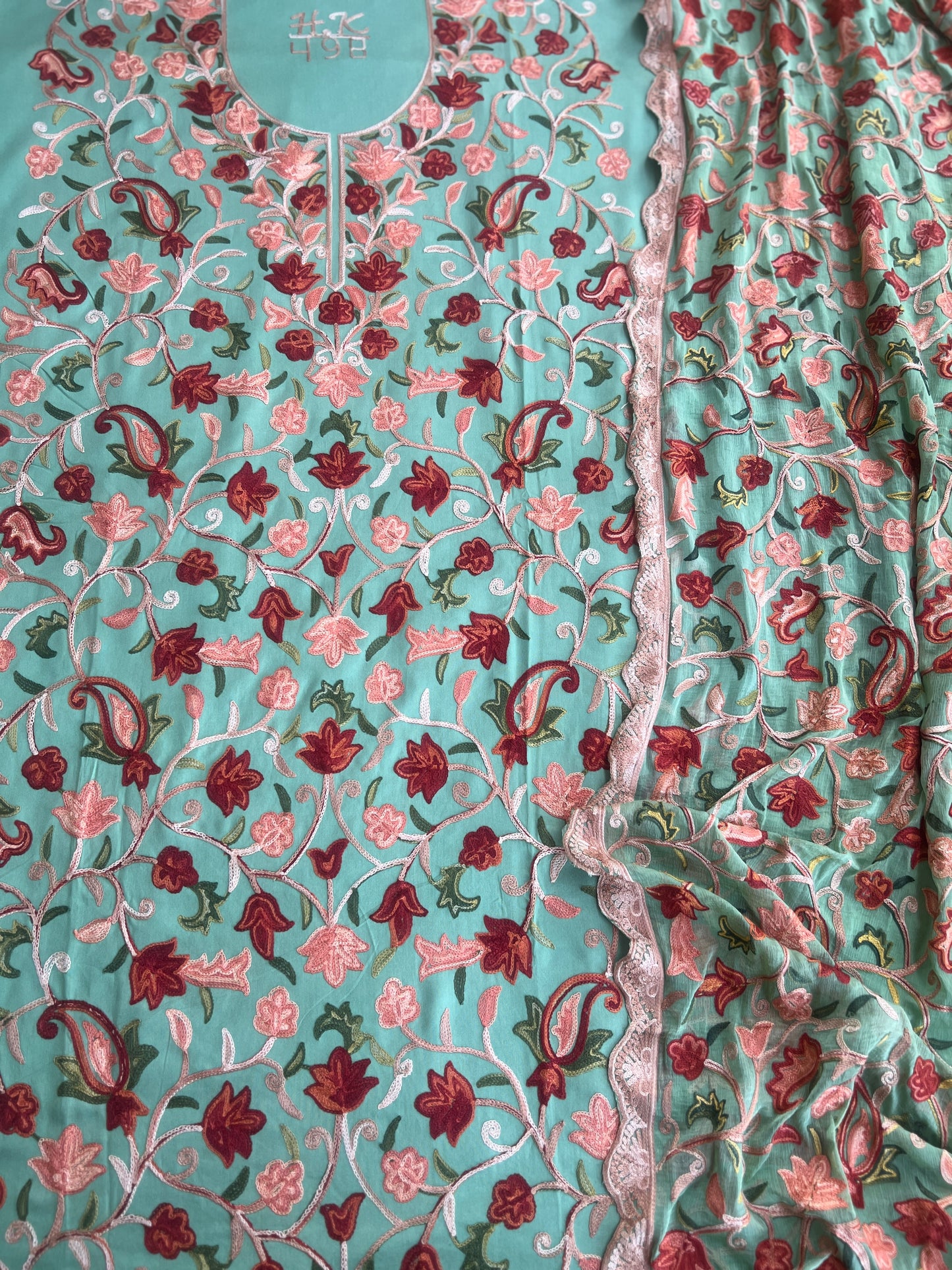 Sea Green Kashmiri Embroidered Unstitched Suit Set with Heavy Chiffon Dupatta
