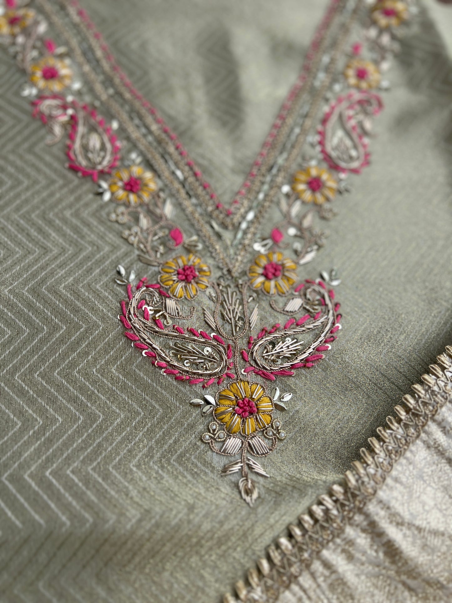 Olive Charm: Tissue Elegance with Banarasi Grace