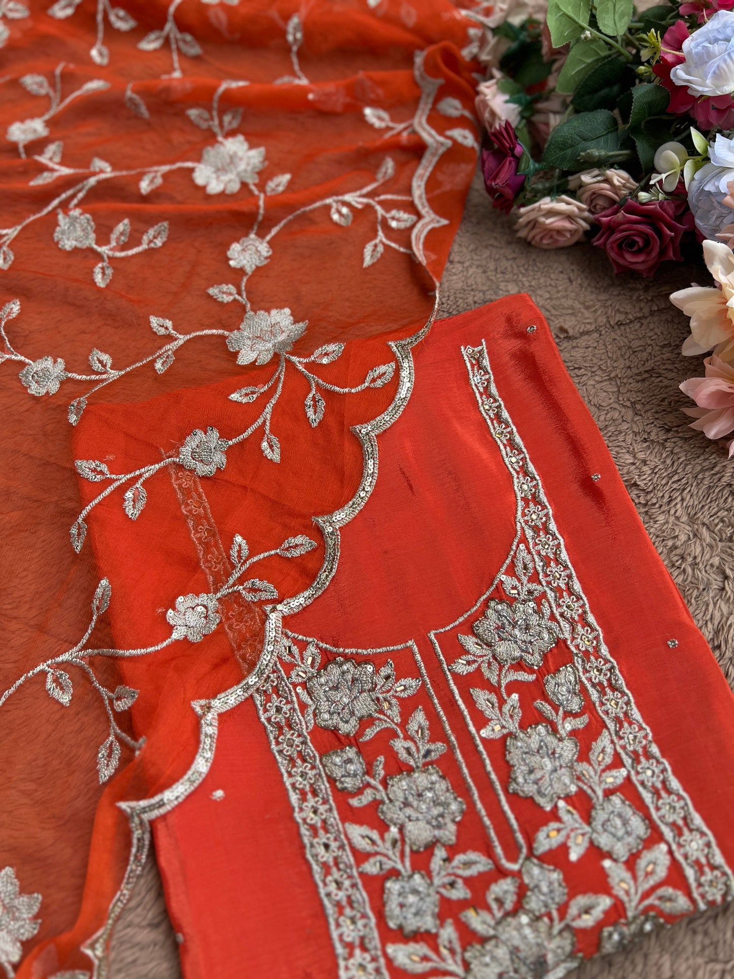 Radiant Pure Chinnon Suit with Exquisite Embroidery & Chiffon Jaal Dupatta