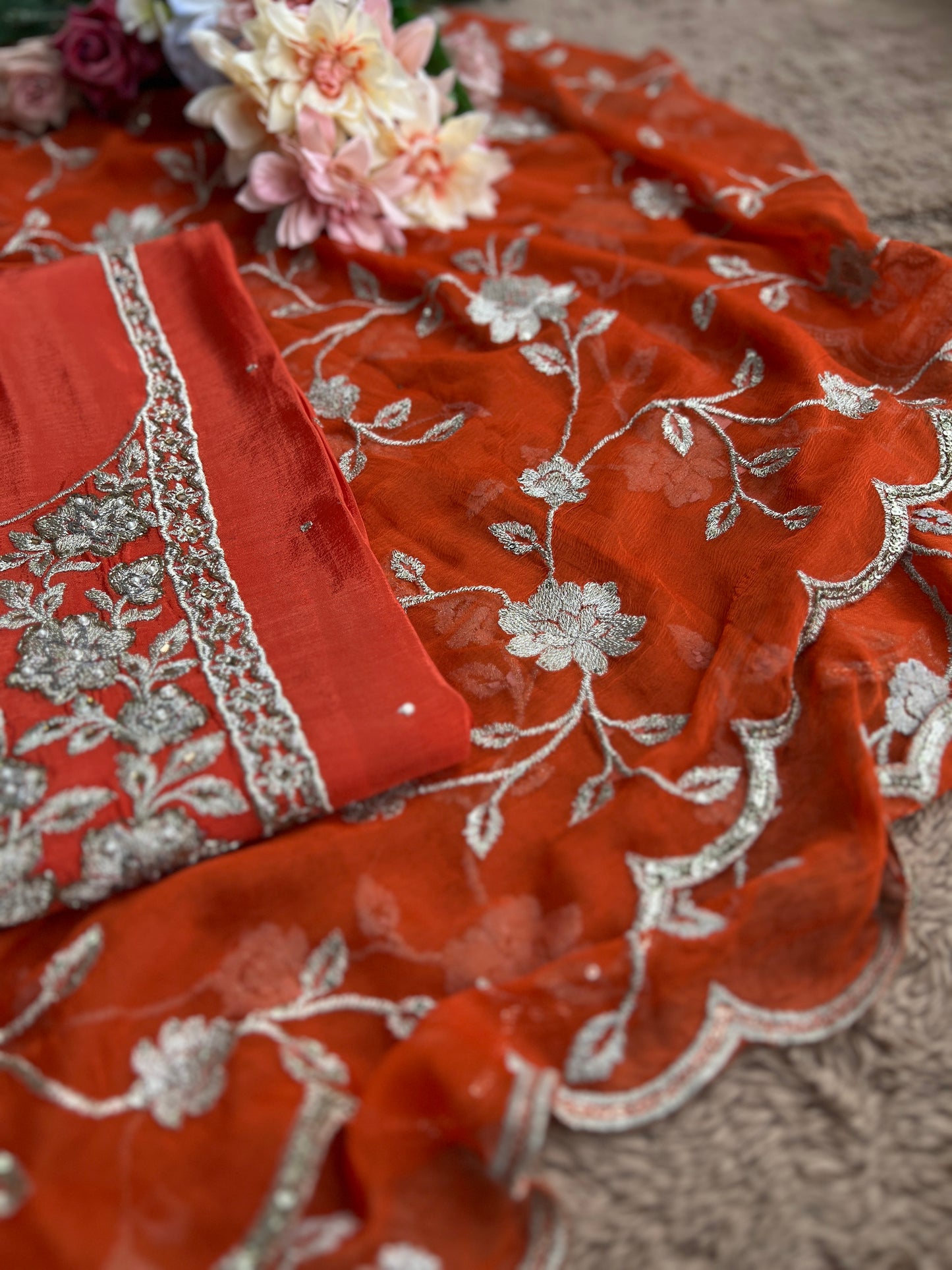 Radiant Pure Chinnon Suit with Exquisite Embroidery & Chiffon Jaal Dupatta