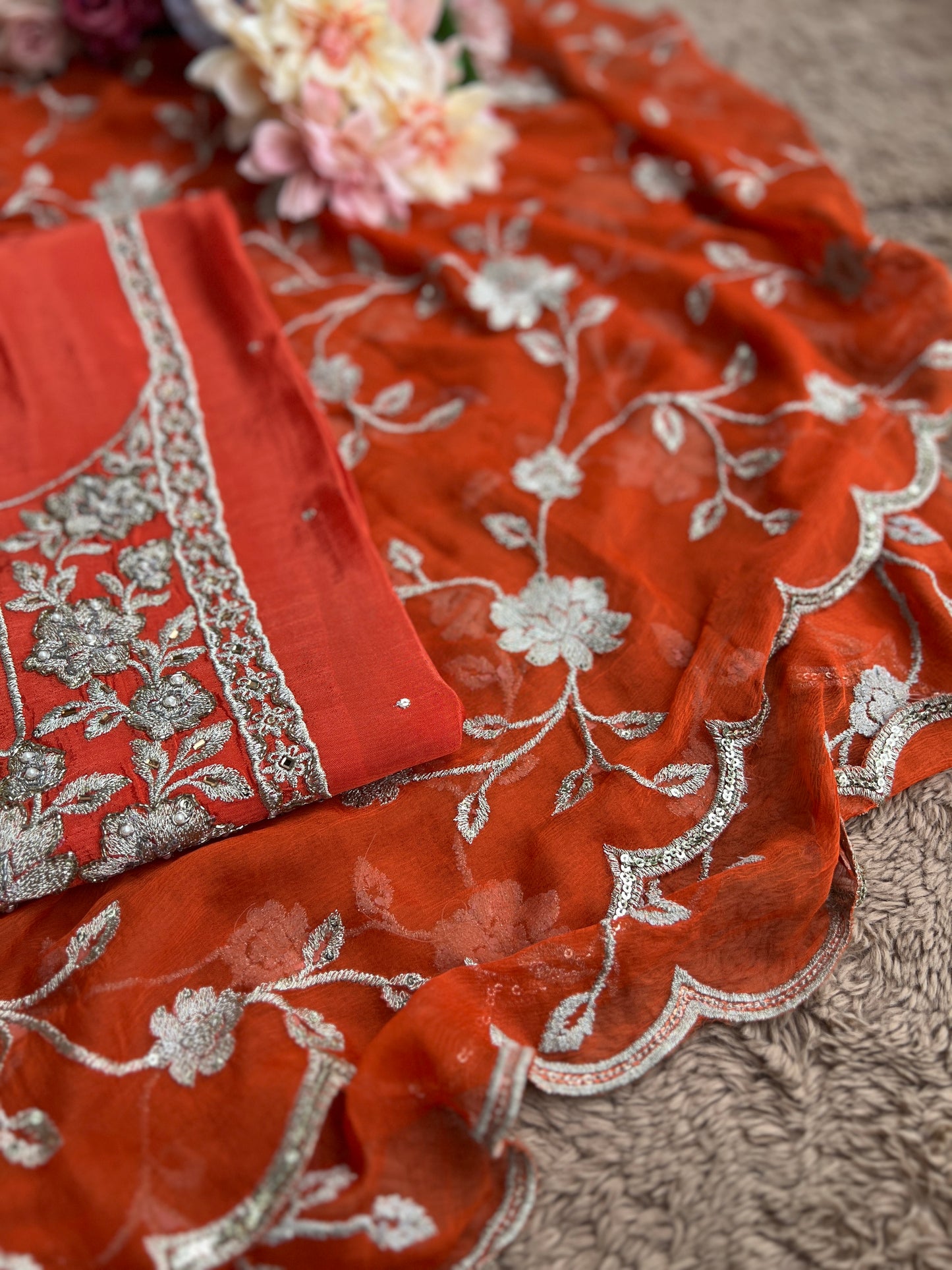 Radiant Pure Chinnon Suit with Exquisite Embroidery & Chiffon Jaal Dupatta
