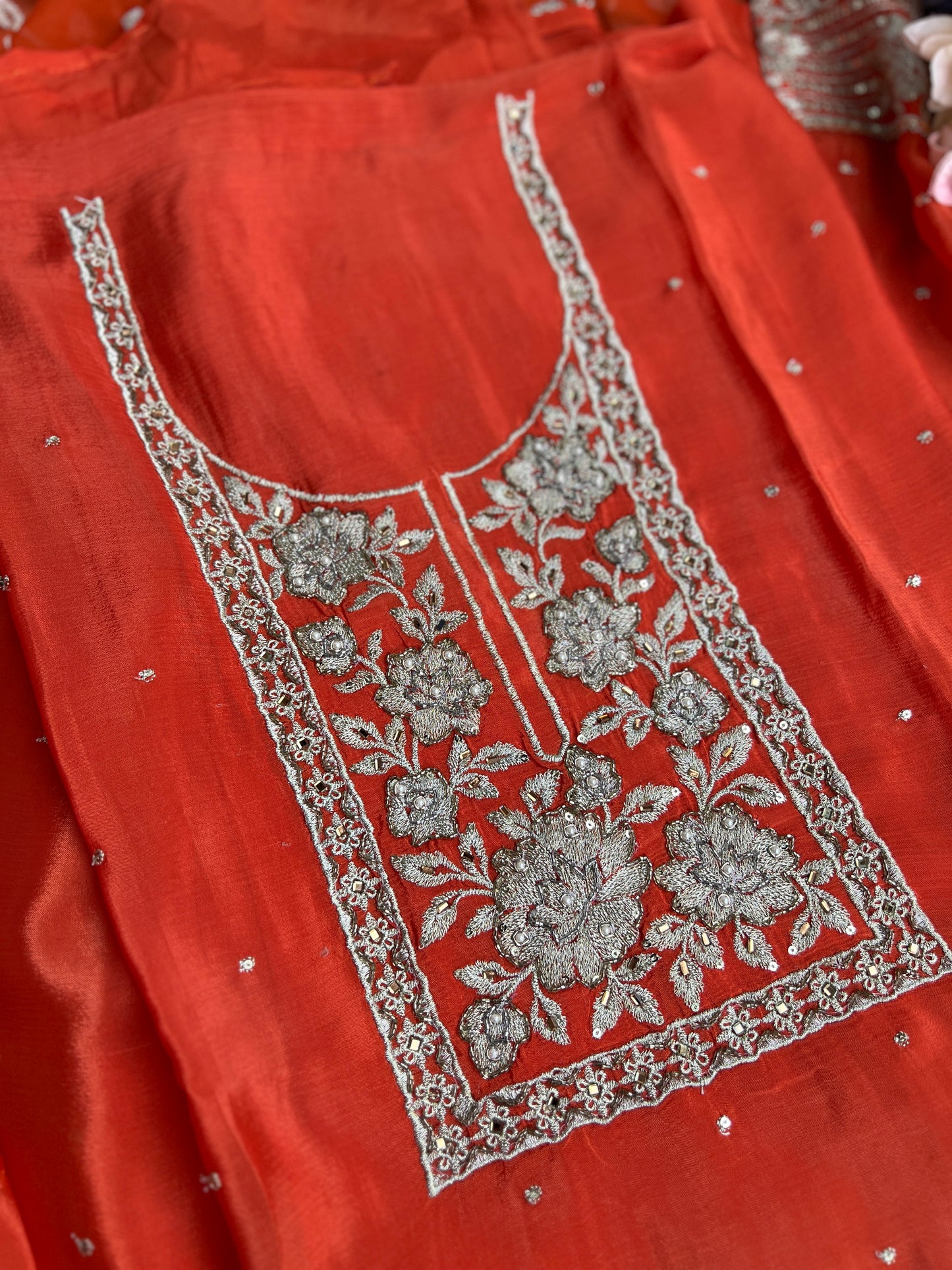 Radiant Pure Chinnon Suit with Exquisite Embroidery & Chiffon Jaal Dupatta