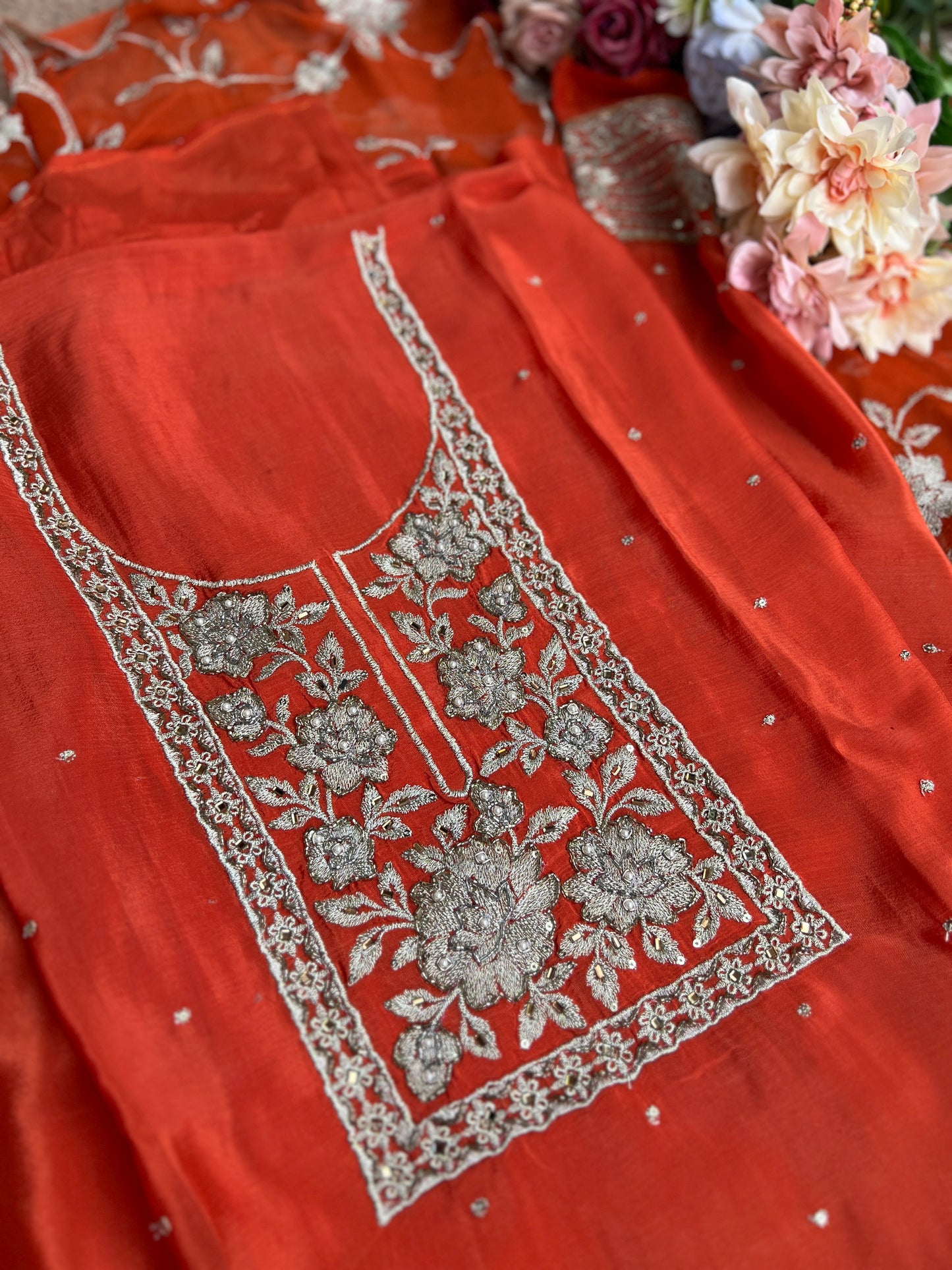 Radiant Pure Chinnon Suit with Exquisite Embroidery & Chiffon Jaal Dupatta