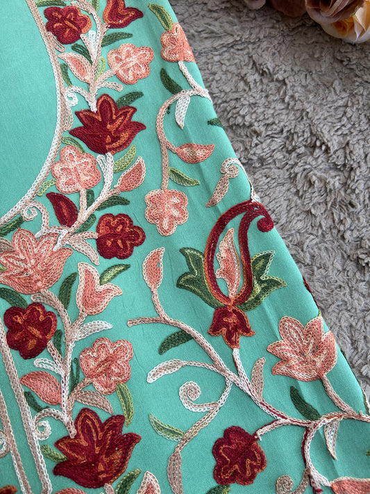 Sea Green Kashmiri Embroidered Unstitched Suit Set with Heavy Chiffon Dupatta