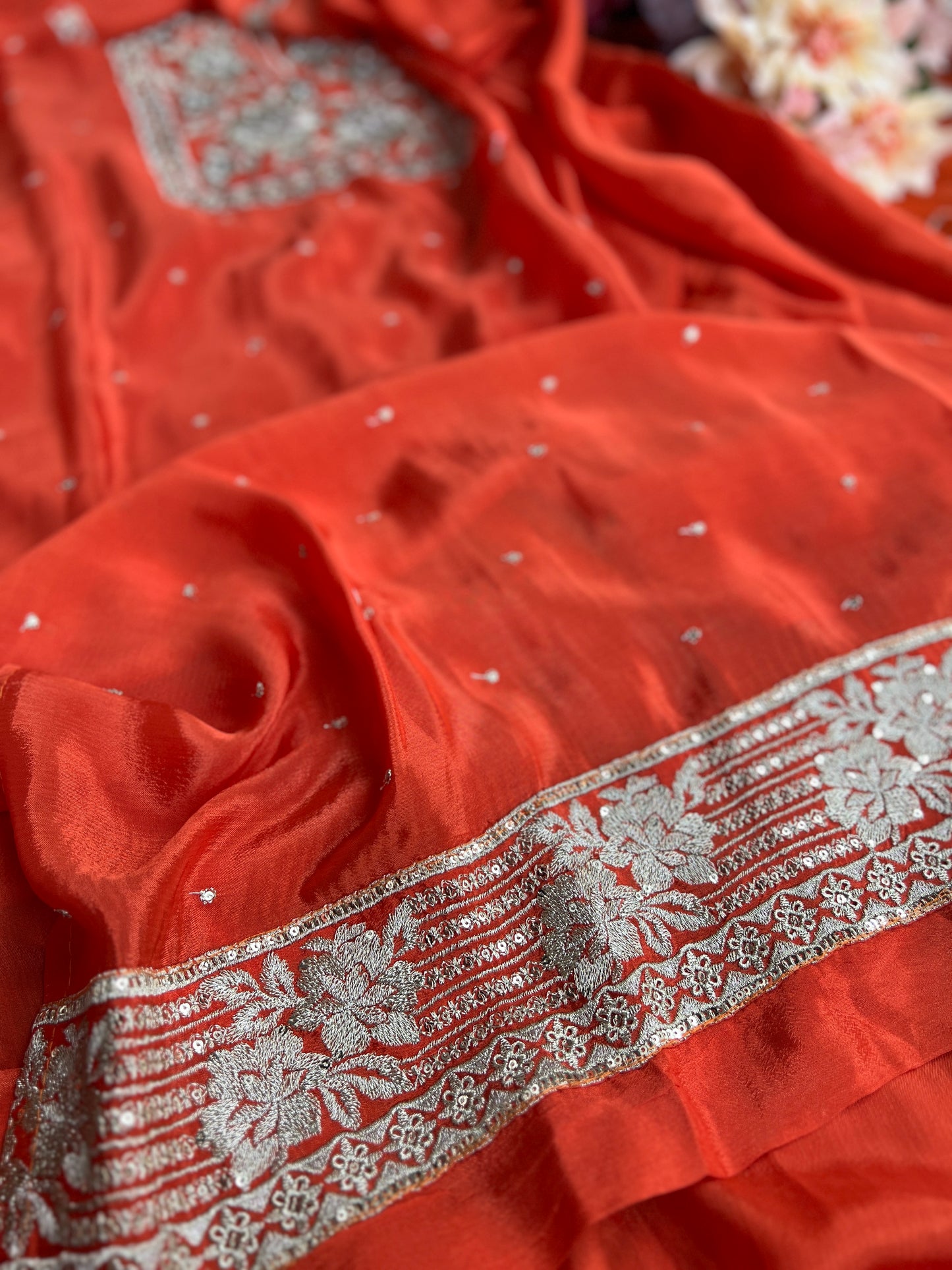 Radiant Pure Chinnon Suit with Exquisite Embroidery & Chiffon Jaal Dupatta