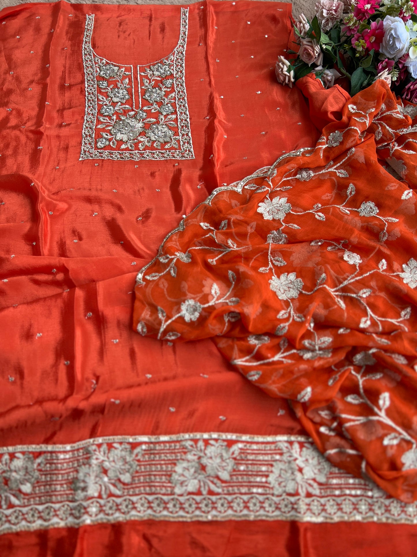 Radiant Pure Chinnon Suit with Exquisite Embroidery & Chiffon Jaal Dupatta