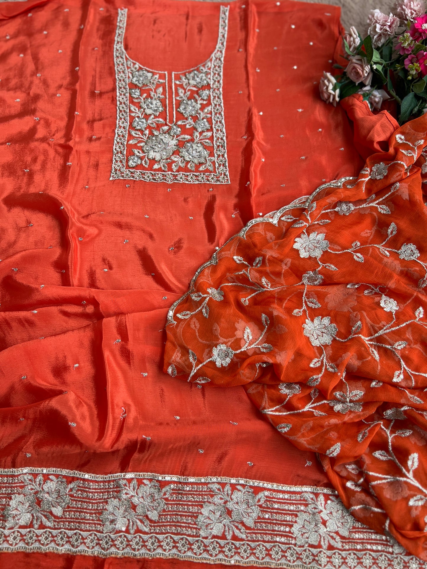 Radiant Pure Chinnon Suit with Exquisite Embroidery & Chiffon Jaal Dupatta