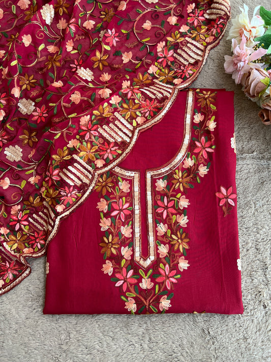 Wine Berry Modal Kashmiri Embroidered Unstitched Suit Set with Heavy Chiffon Dupatta