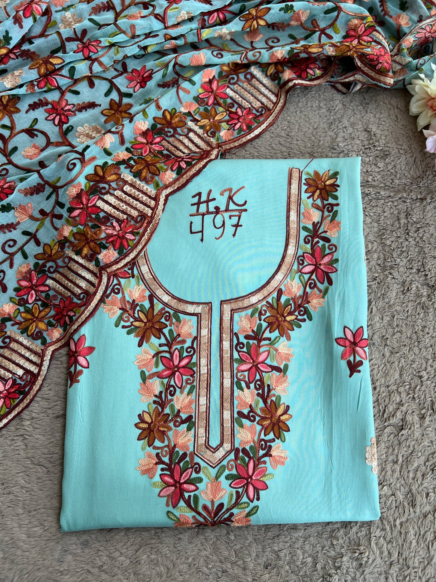 Aqua Green Modal Cotton Kashmiri Embroidered Unstitched Suit Set with Heavy Chiffon Dupatta