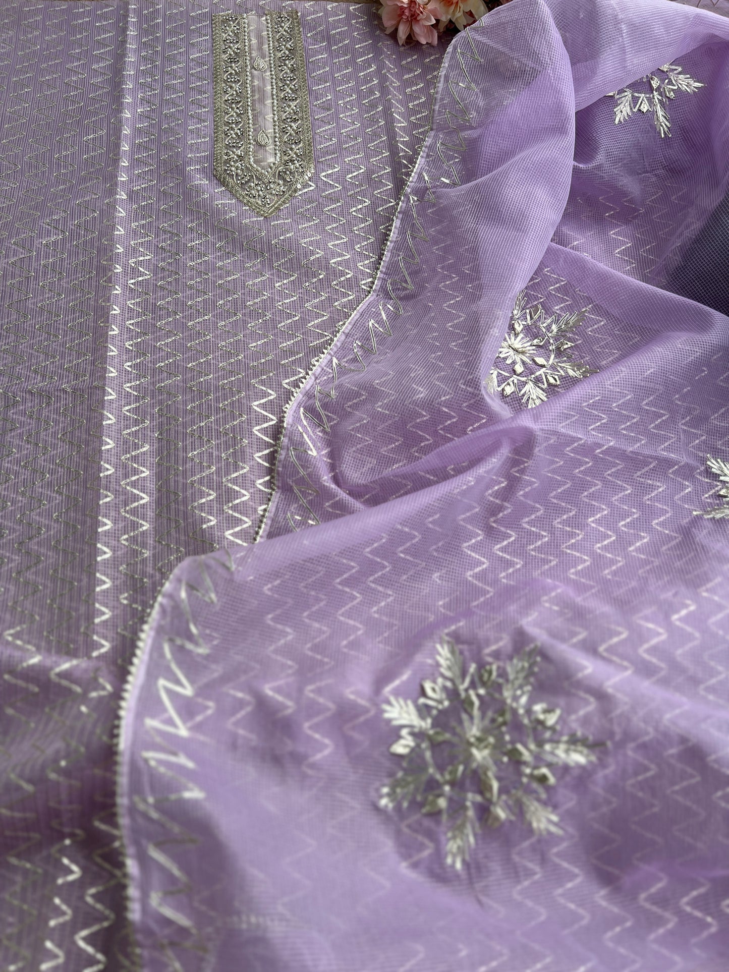 Lilac Kota Gota Doriya Unstitched Salwar Suit with Stunning Gota Phool Dupatta