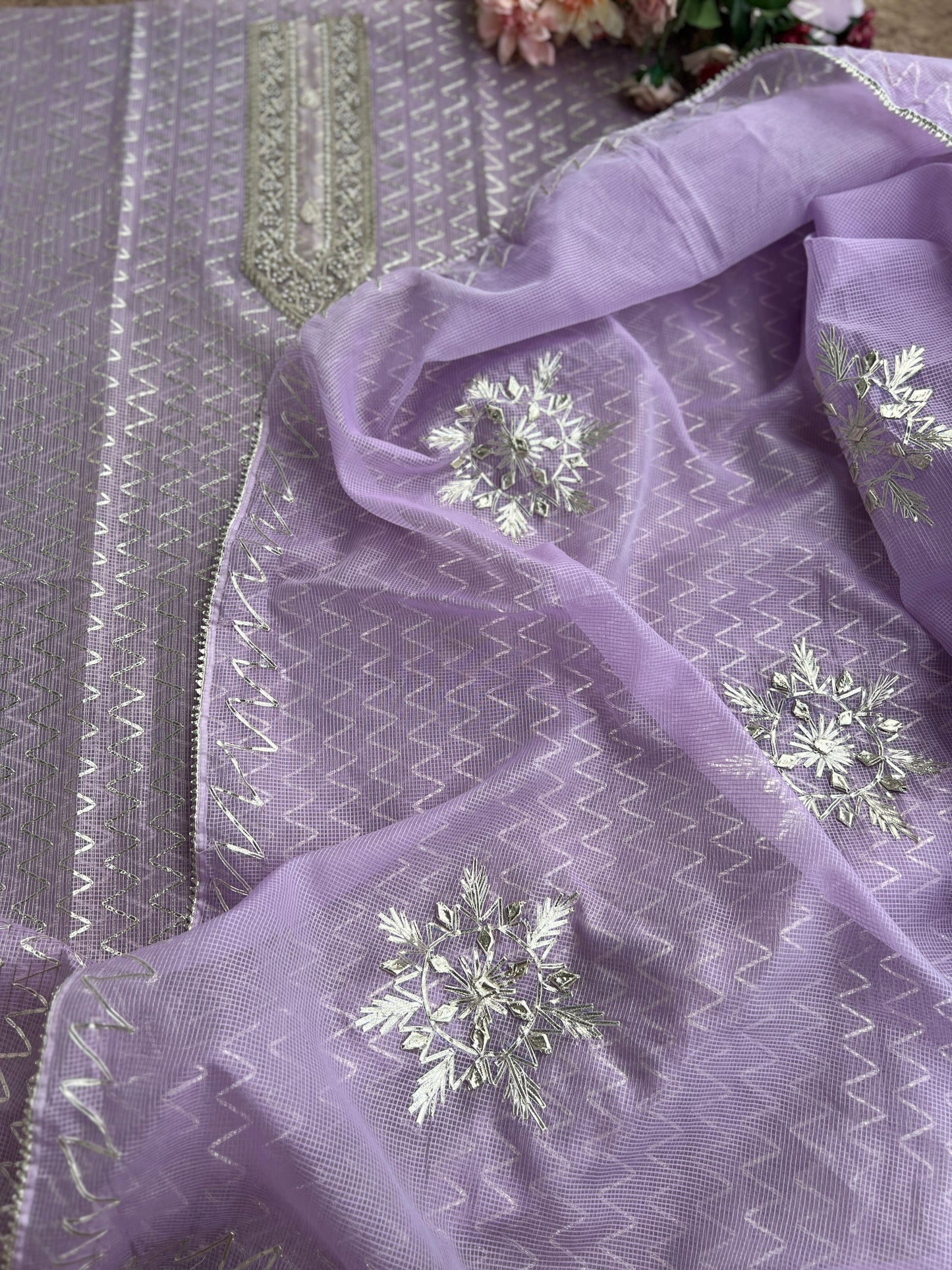 Lilac Kota Gota Doriya Unstitched Salwar Suit with Stunning Gota Phool Dupatta