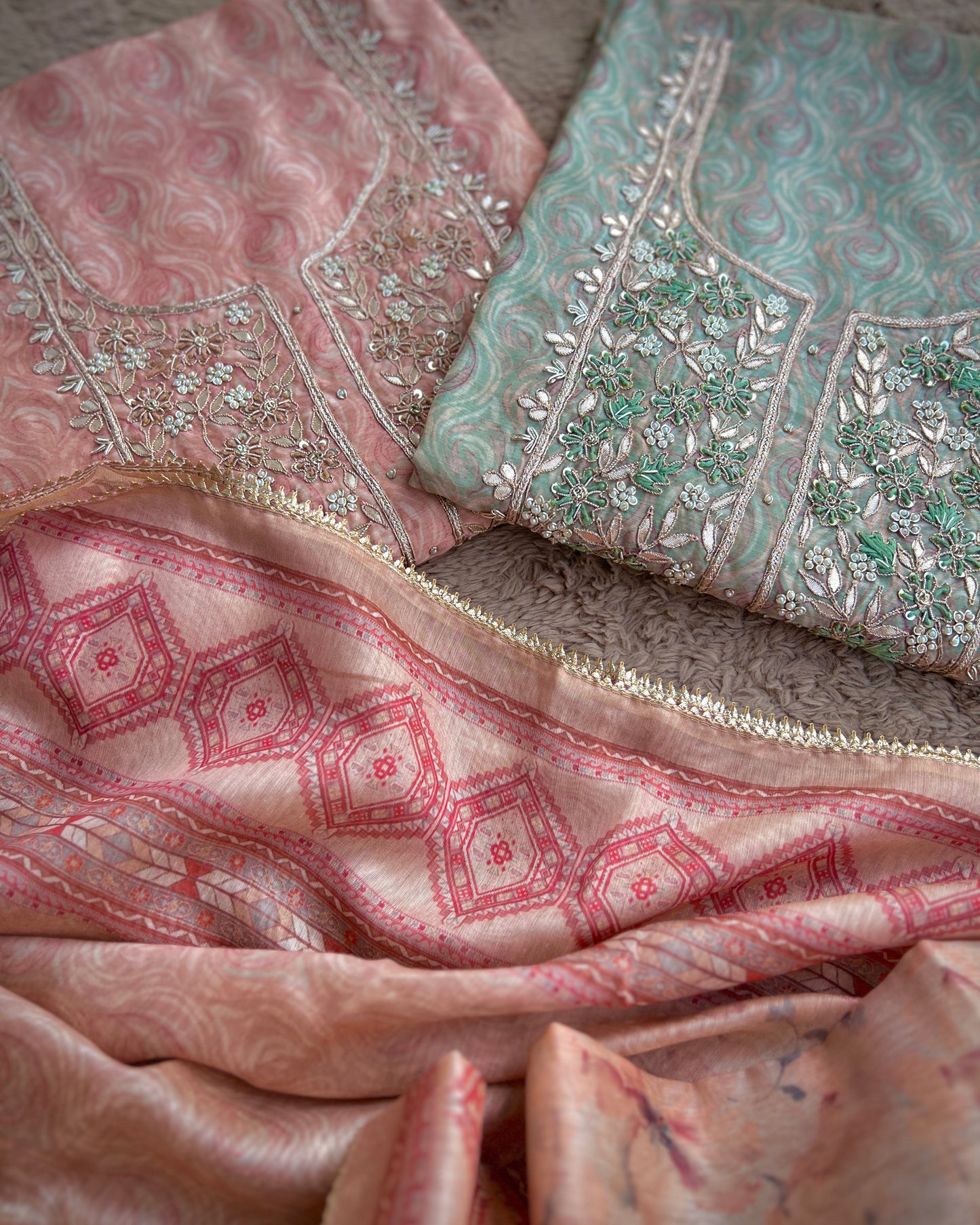 Pastel Elegance in Maheshwari Silk with Handcrafted Neck Detailing