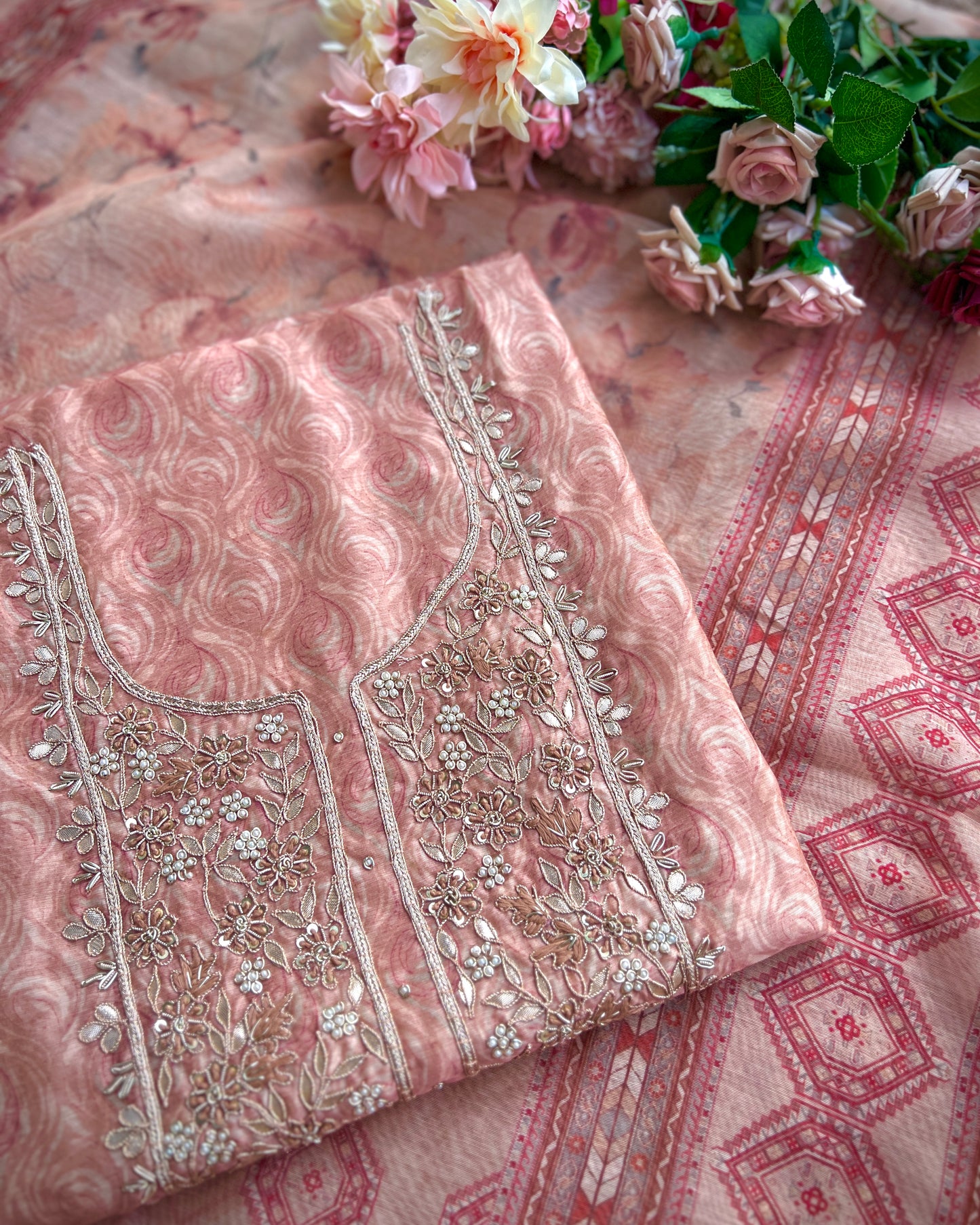 Pastel Elegance in Maheshwari Silk with Handcrafted Neck Detailing