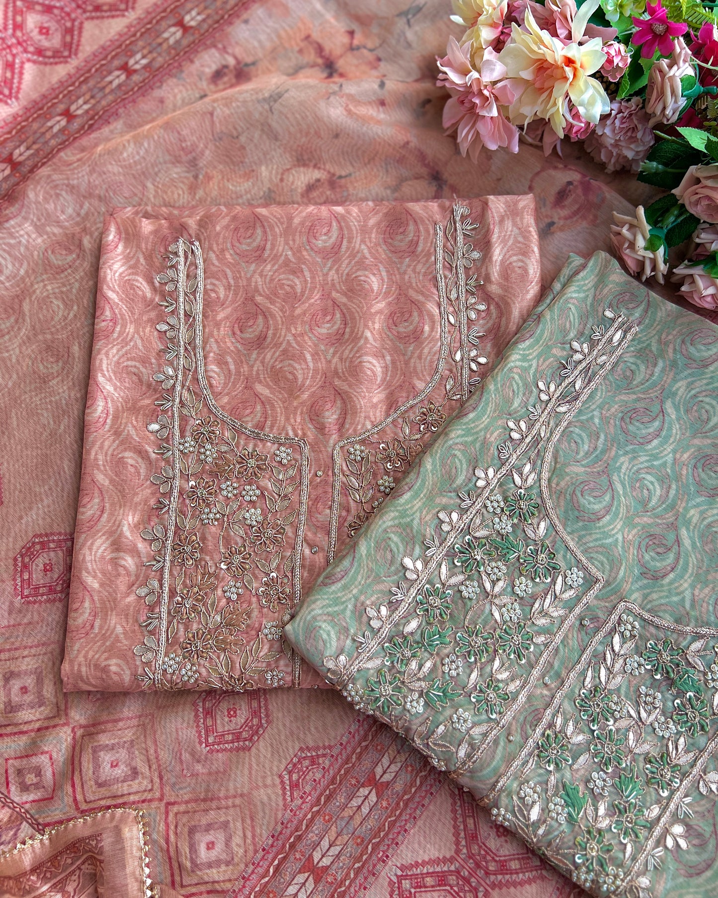 Pastel Elegance in Maheshwari Silk with Handcrafted Neck Detailing