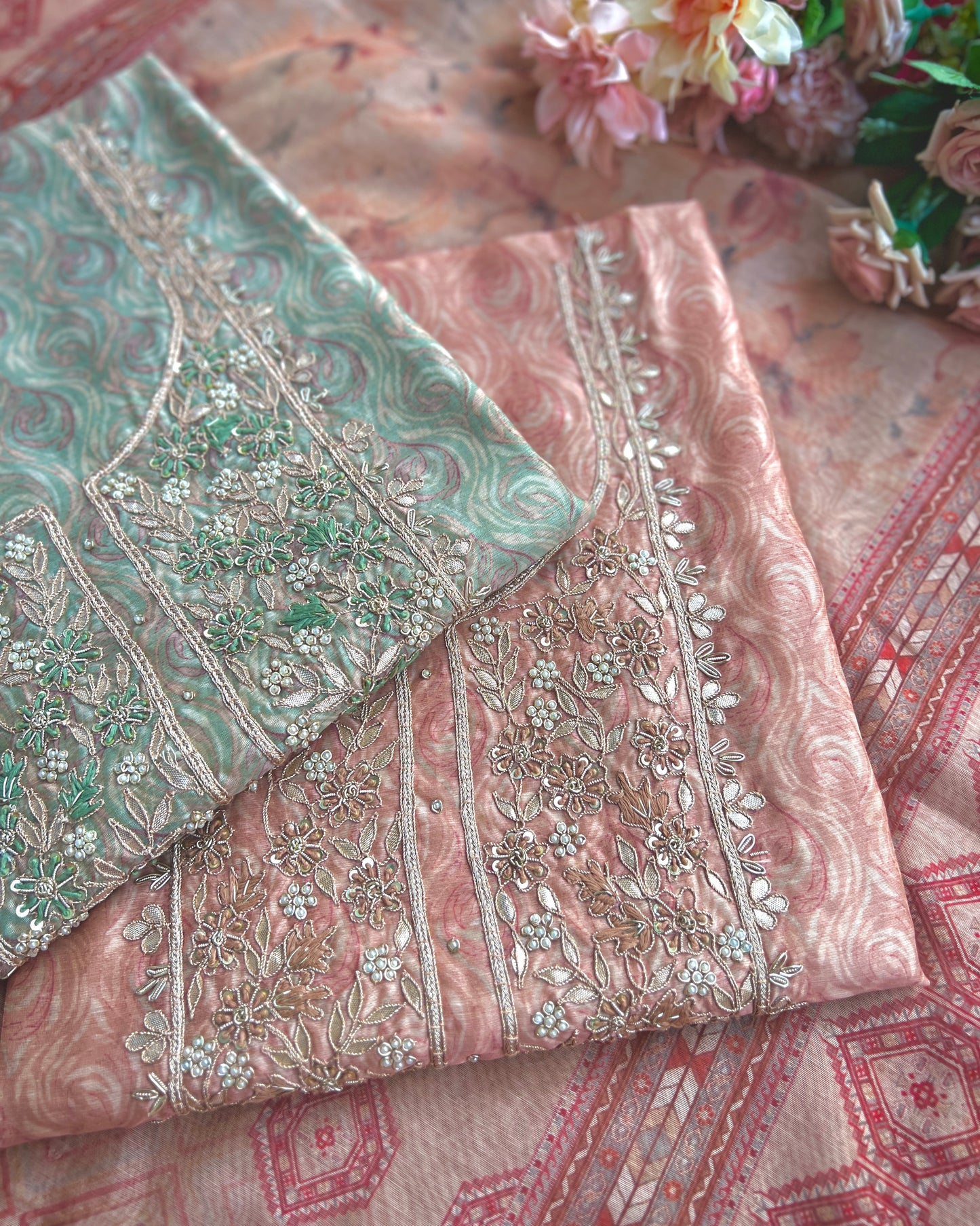 Pastel Elegance in Maheshwari Silk with Handcrafted Neck Detailing