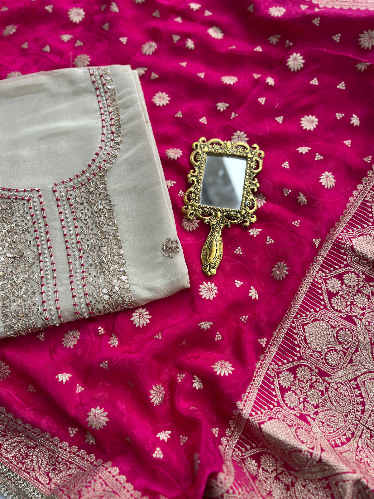 Ivory Handworked Suit with Rani Pink Banarasi Dupatta