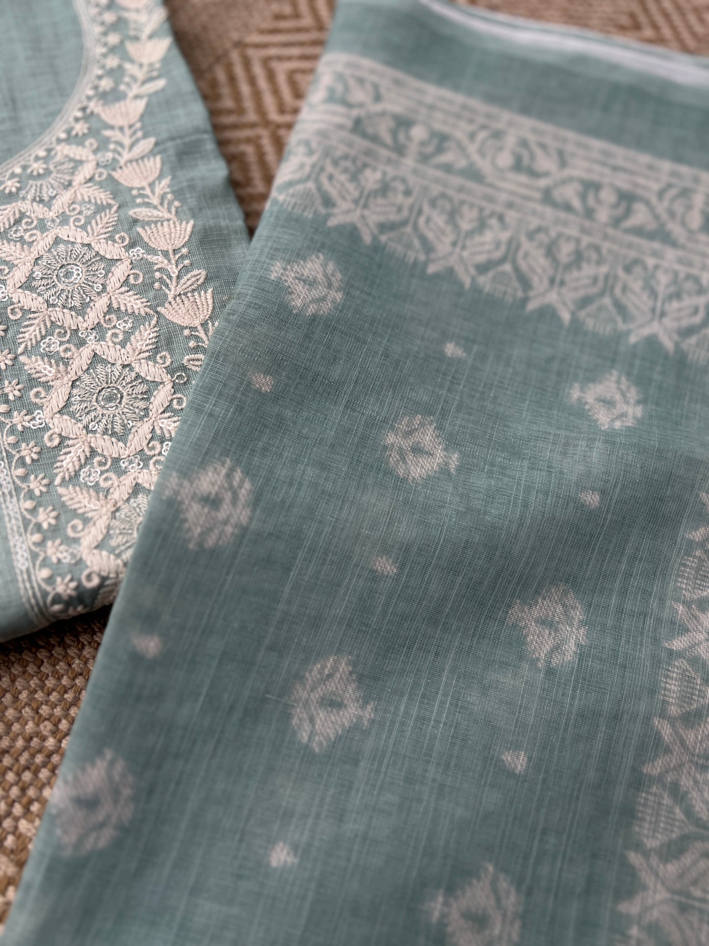 Soft-Toned Linen Sets with Intricate Thread Work