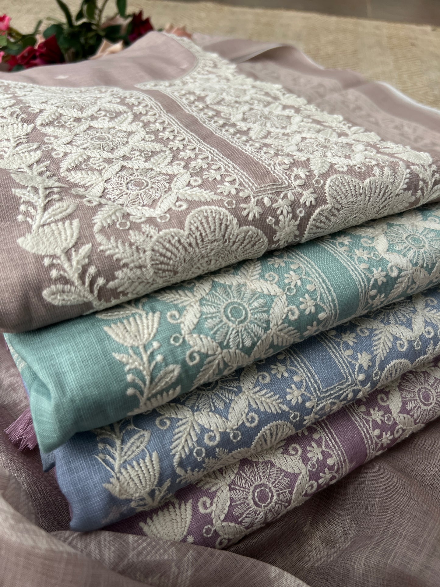 Soft-Toned Linen Sets with Intricate Thread Work