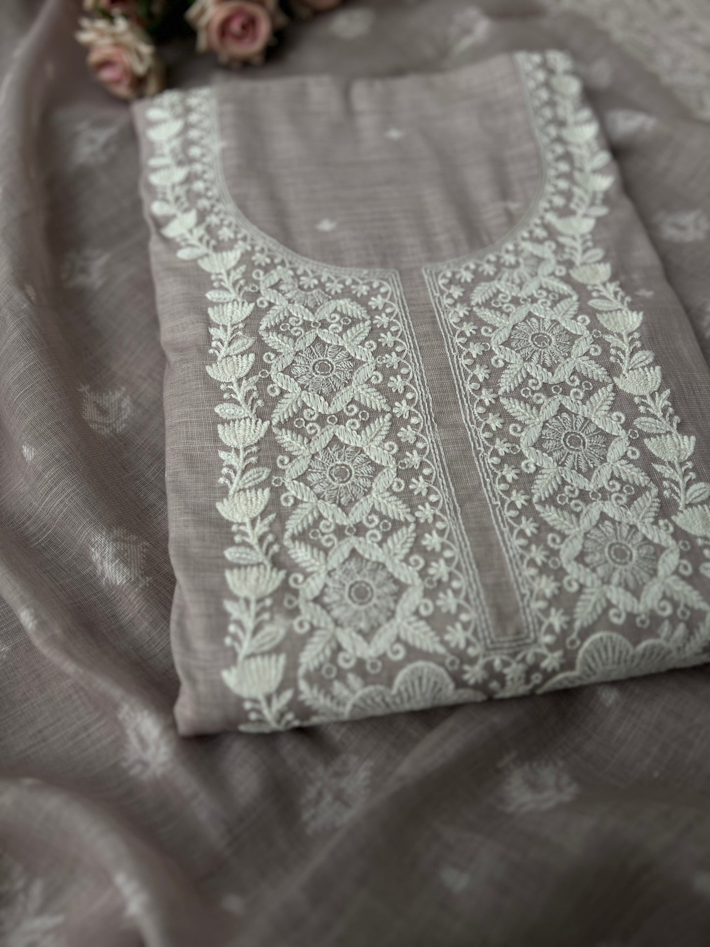Soft-Toned Linen Sets with Intricate Thread Work