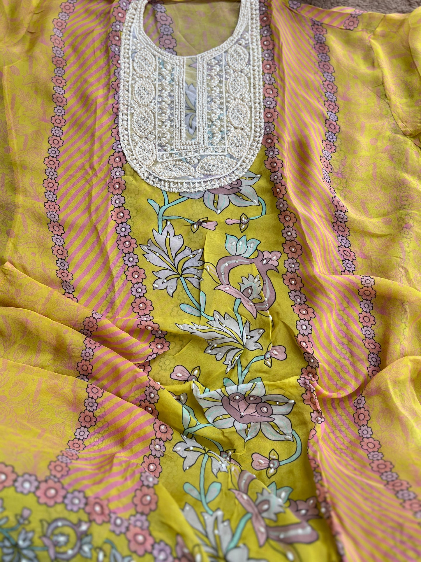 Graceful Organza Prints with Beaded Neckline