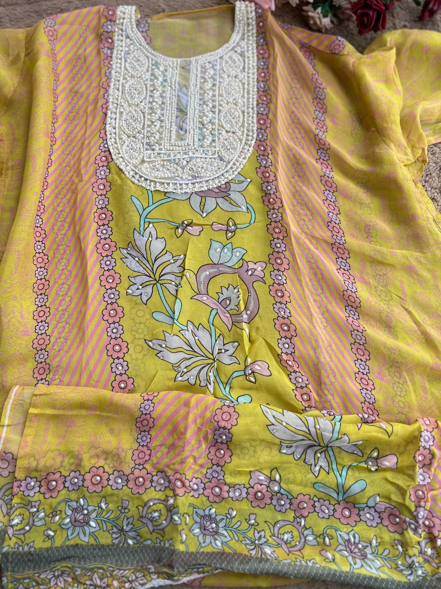 Graceful Organza Prints with Beaded Neckline