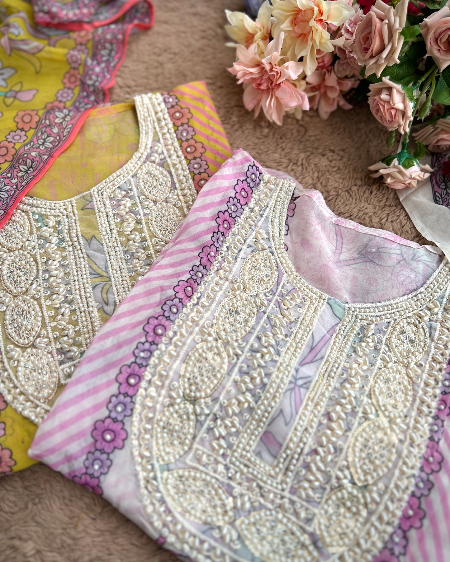 Graceful Organza Prints with Beaded Neckline