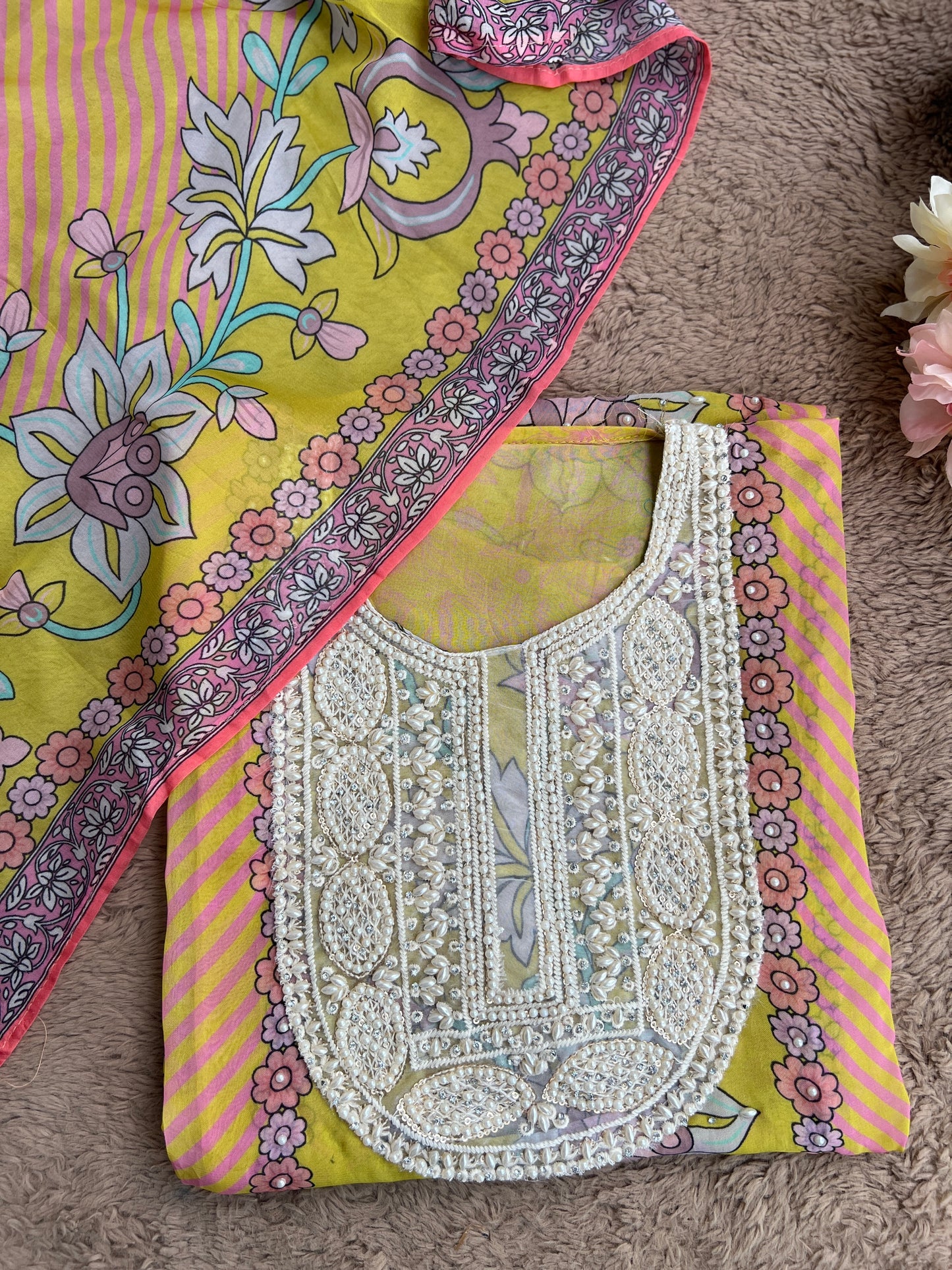 Graceful Organza Prints with Beaded Neckline