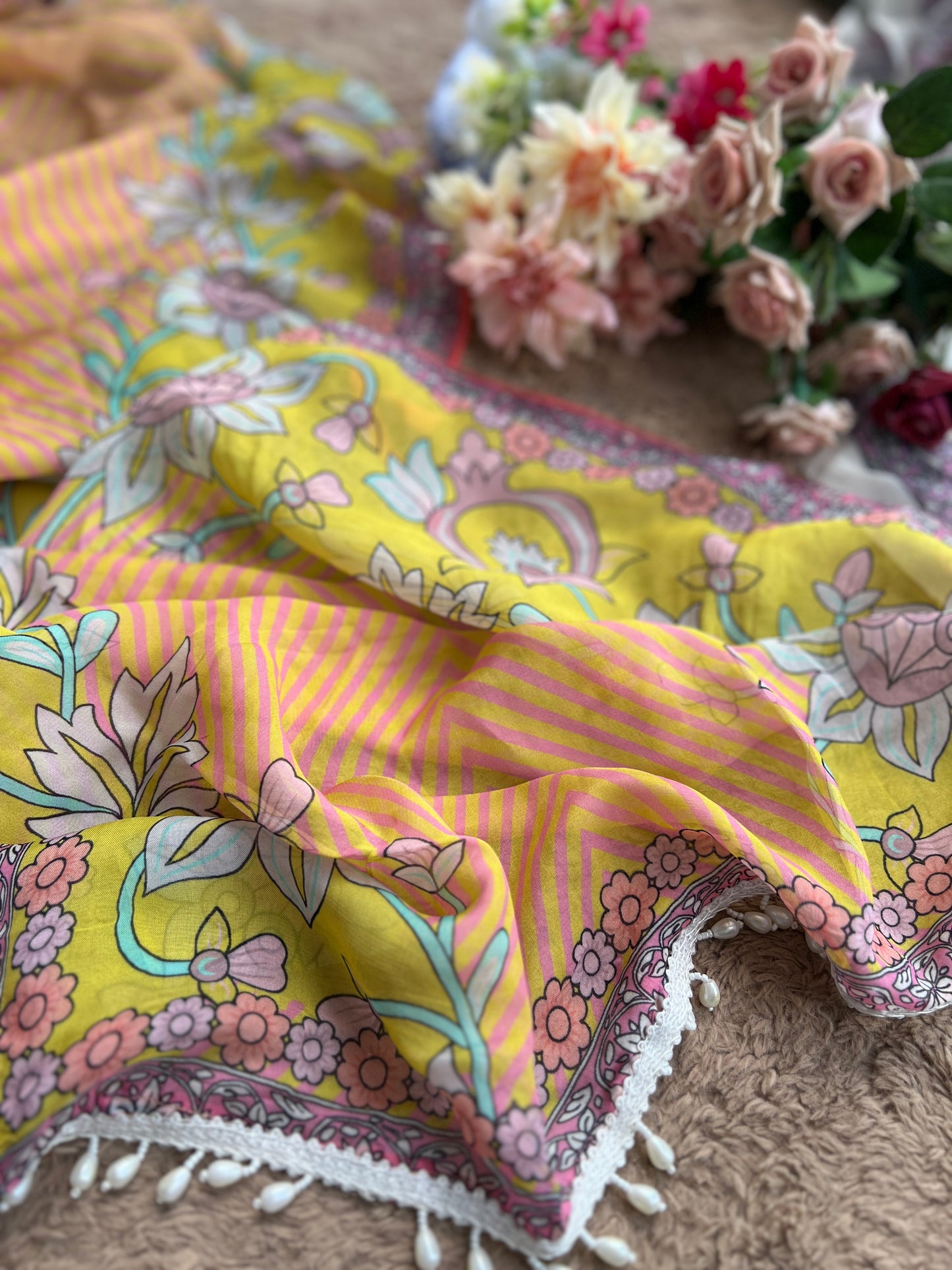 Graceful Organza Prints with Beaded Neckline
