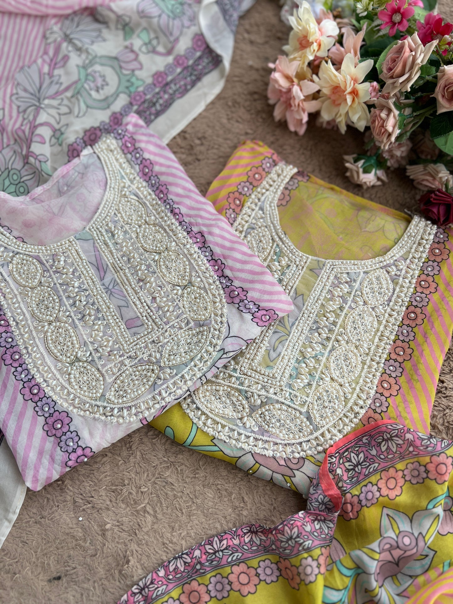Graceful Organza Prints with Beaded Neckline