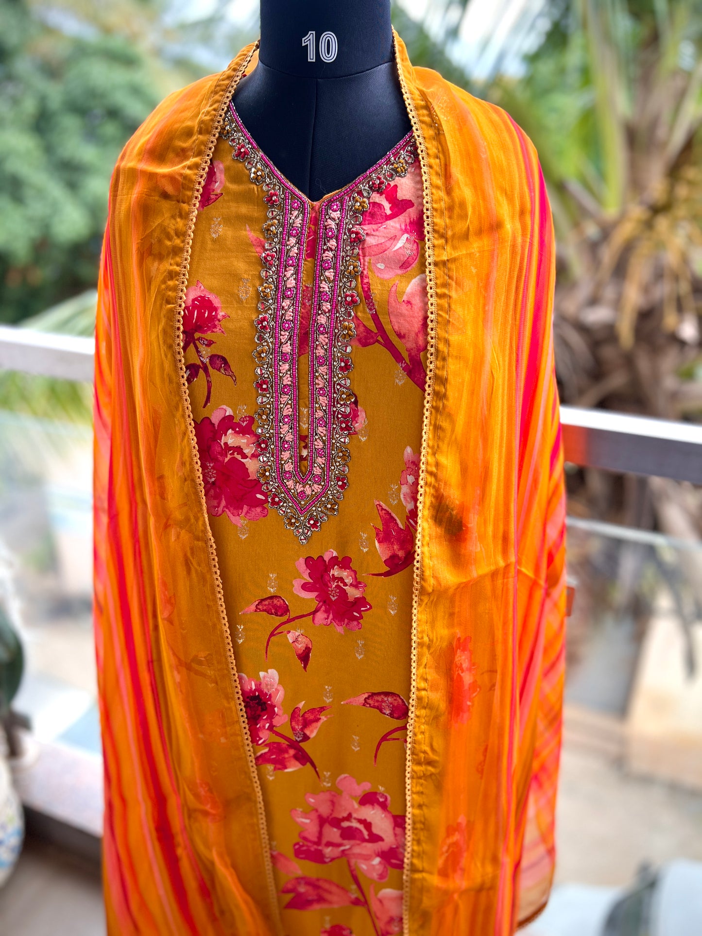 Trendy Radiance – Yellow & Fuchsia Pink Russian Silk Ready to Wear Suit with Handwork