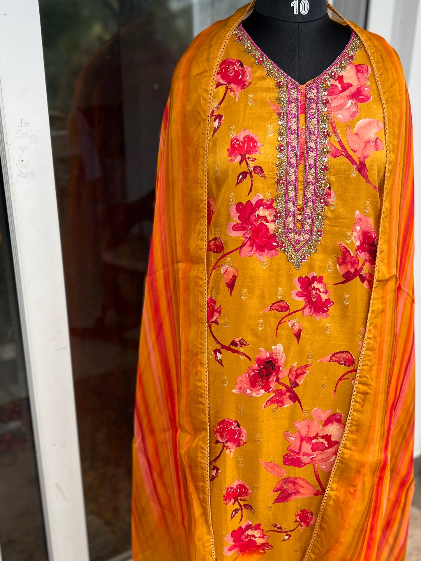 Trendy Radiance – Yellow & Fuchsia Pink Russian Silk Ready to Wear Suit with Handwork